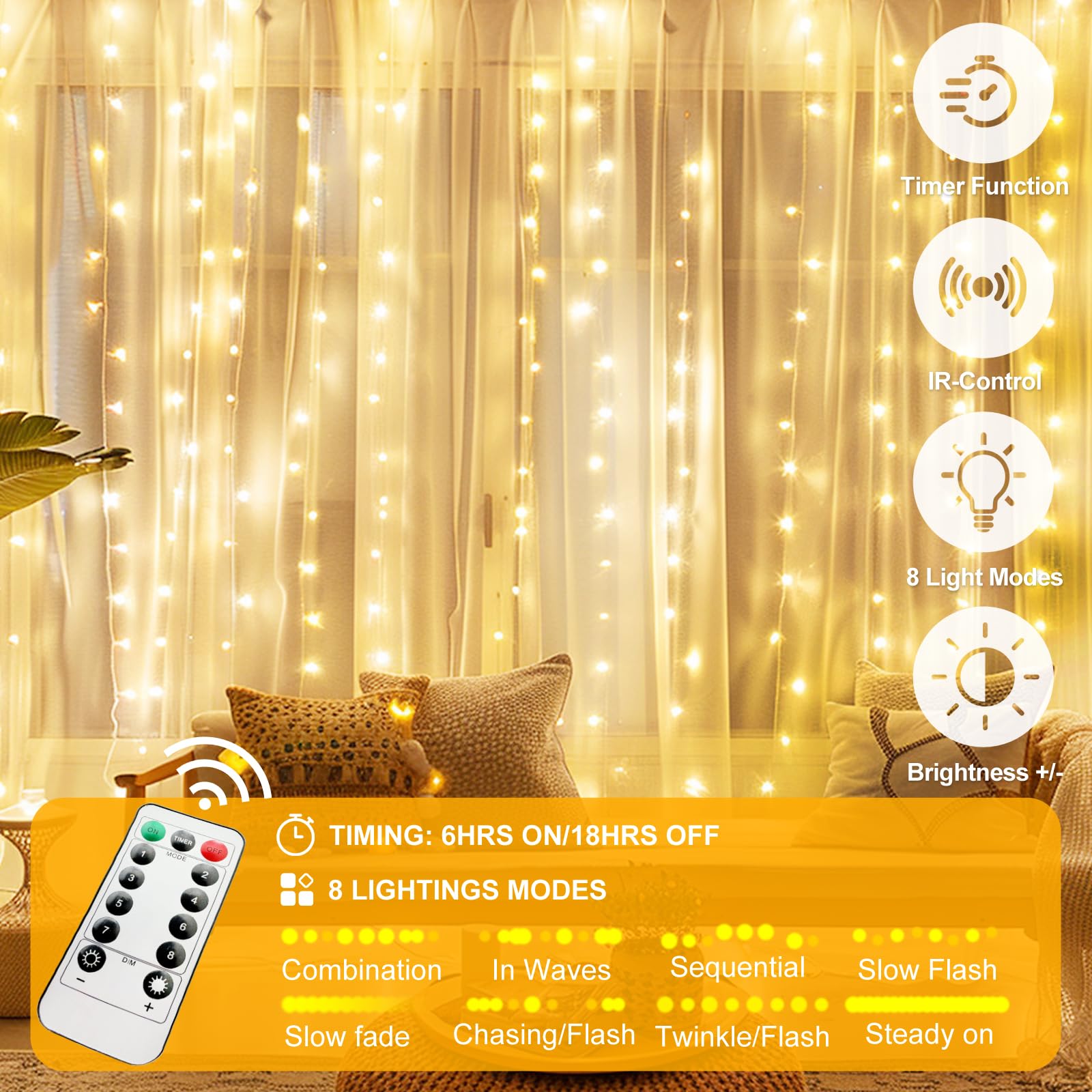 Holits 2 Pack Fairy Curtain Lights Upgraded Tangle-Free Warm White Usb Plug In 8 Modes String Hanging Lights With Remote For Christmas  Bedroom  Indoor  Outdoor  Weddings  Party (10 Ftx10 Ft)