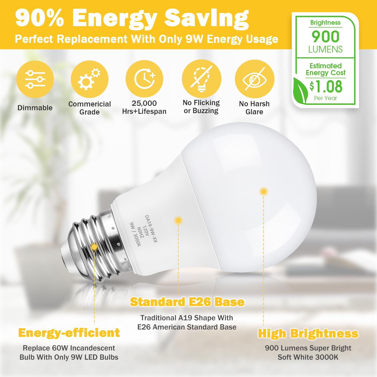 Maylaywood A19 Led Light Bulb, 60 Watt Equivalent Led Bulbs, 3000K Soft White, 900Lm, E26 Base, Dimmable, 9W Bright White, 4-Pack