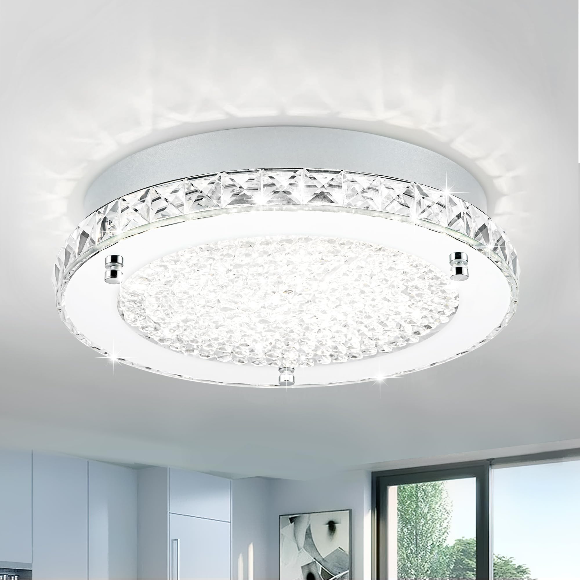 Lzawvm Crystal Ceiling Light Fixture Flush Mount Modern LED Ceiling Lights for Bathroom Bedroom Kitchen, Diameter 11 Inch, 18W, 