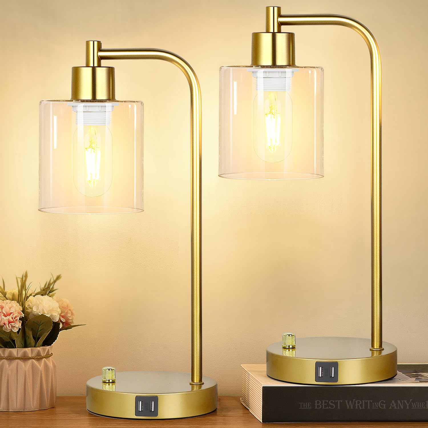 Set Of 2 Industrial Table Lamps With 2 Usb Port, Gold Fully Stepless Dimmable Lamps For Bedrooms, Bedside Nightstand Desk Lamps