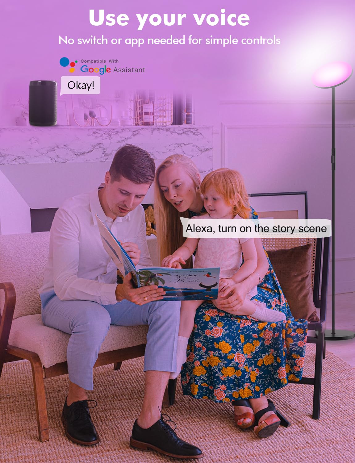 YHW Smart RGB Floor Lamp - 2000LM Color Changing Torchiere, WiFi/Alexa Compatible, Modern Design, Black, Model: ZJ-BWFL-RGBWW-CM