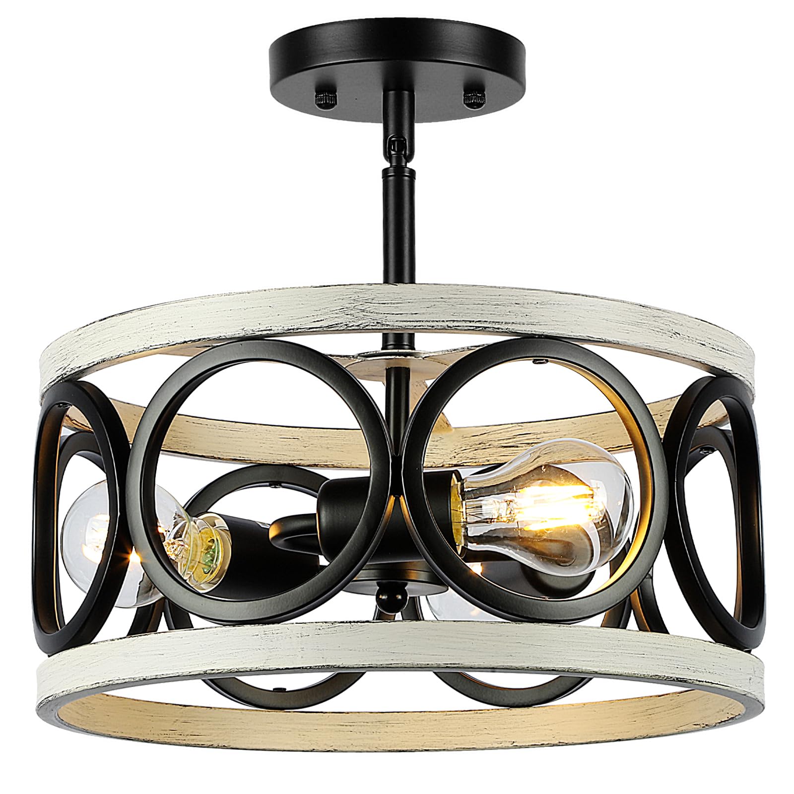 QianZhan Farmhouse Semi Flush Mount Ceiling Light,3-Light Industry Oak White Sloped Ceiling Light Fixtures D13 Inches Rustic Met