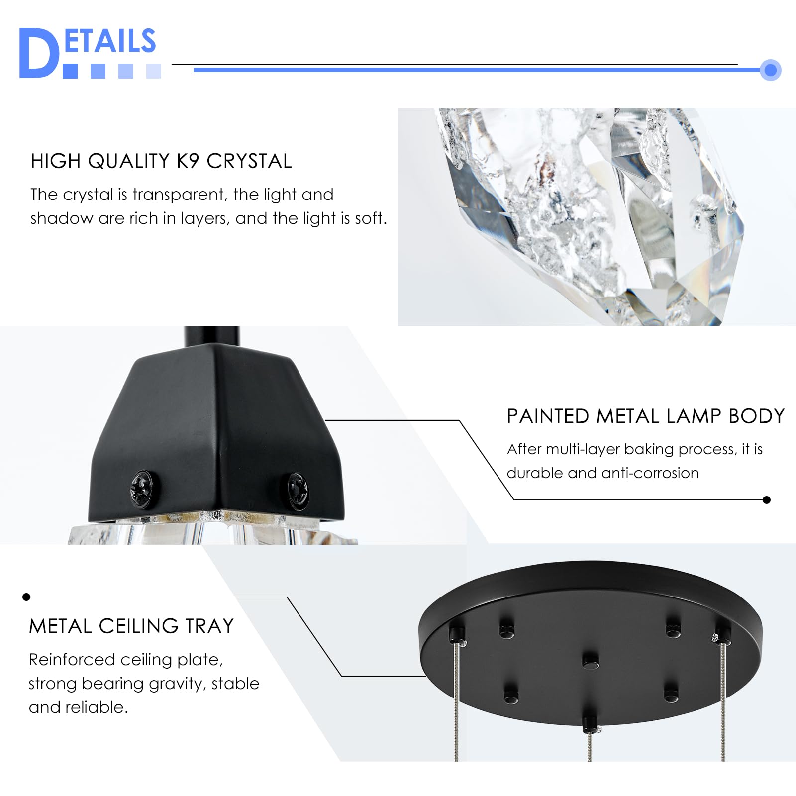 Kokaizeeki 3 Lights Crystal Pendant Light Modern Cluster Chandelier Dimmable Pendant Light Fixture With Black Teardrop Design St