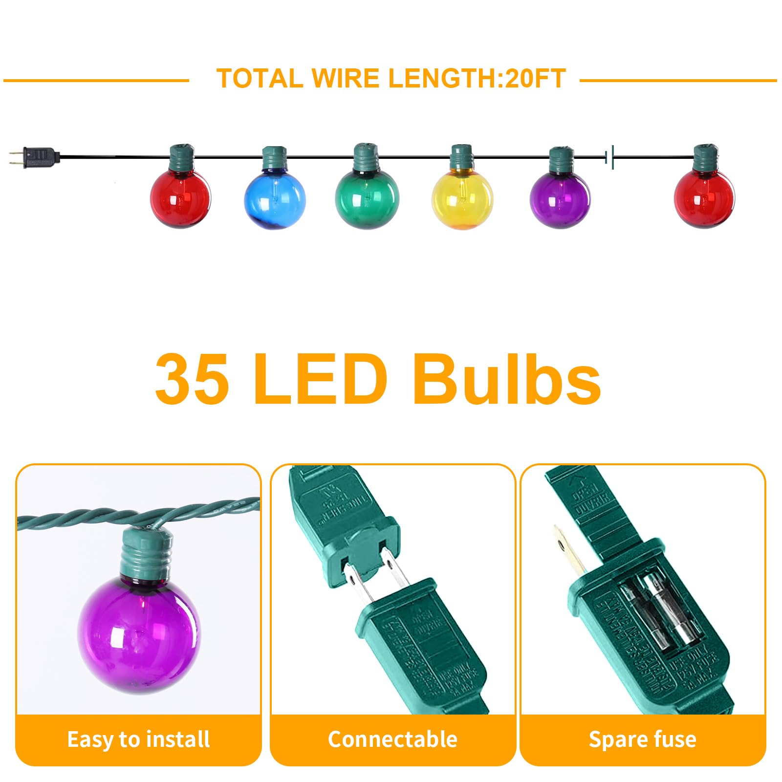 Afirst Outdoor String Lights, 21FT, Waterproof, 35 Shatterproof LED Bulbs, G40, Multicolor