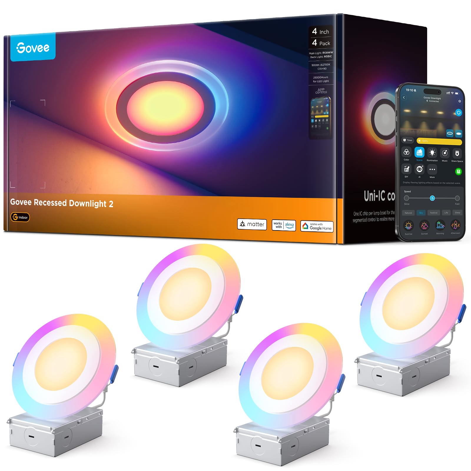 Govee Smart Recessed Lighting 4 inch, RGBIC LED Recessed Light Compitable with Matter and Alexa, 2700K-6500K Dimmable 900LM Canl