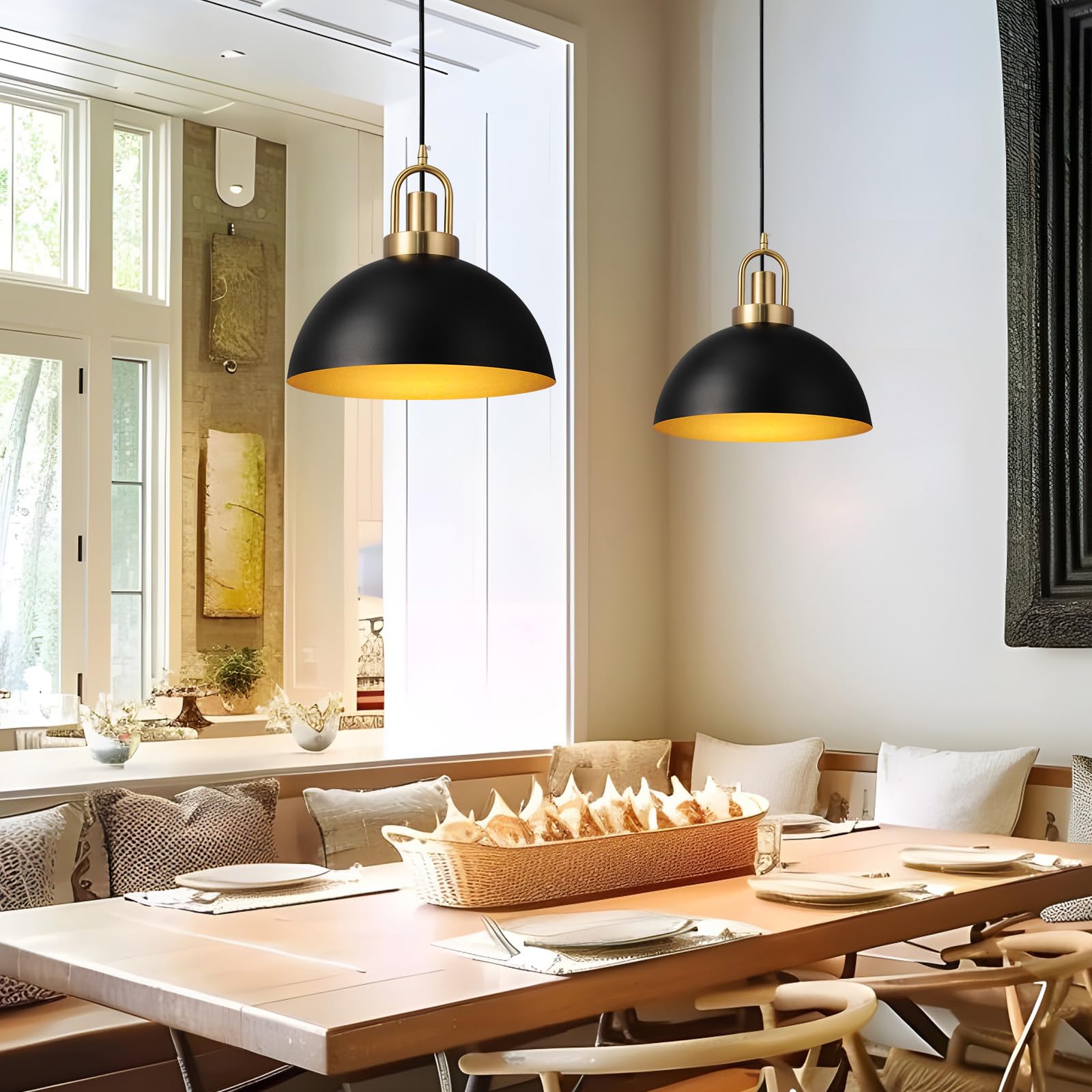 Eustace 13.7'' Matte Black And Gold Farmhouse Pendant Light, Adjustable Hanging Lamp,Industrial Ceiling Lights Fixture For Kitch