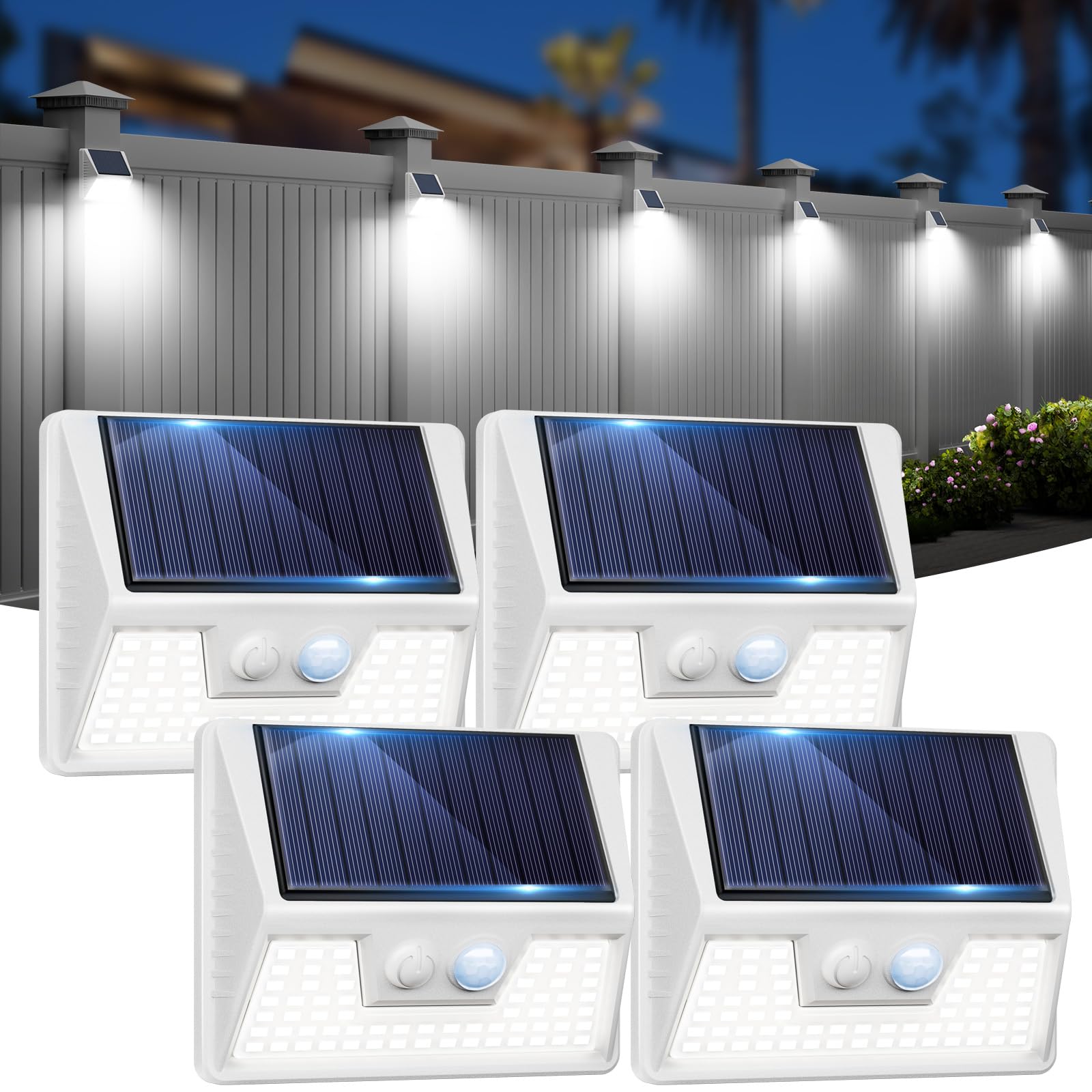 vighep 4 Pack Solar Fence Lights Waterproof, Motion Sensor Deck Lights Outdoor, Cold White LED Outside Lights Wireless for Wall 