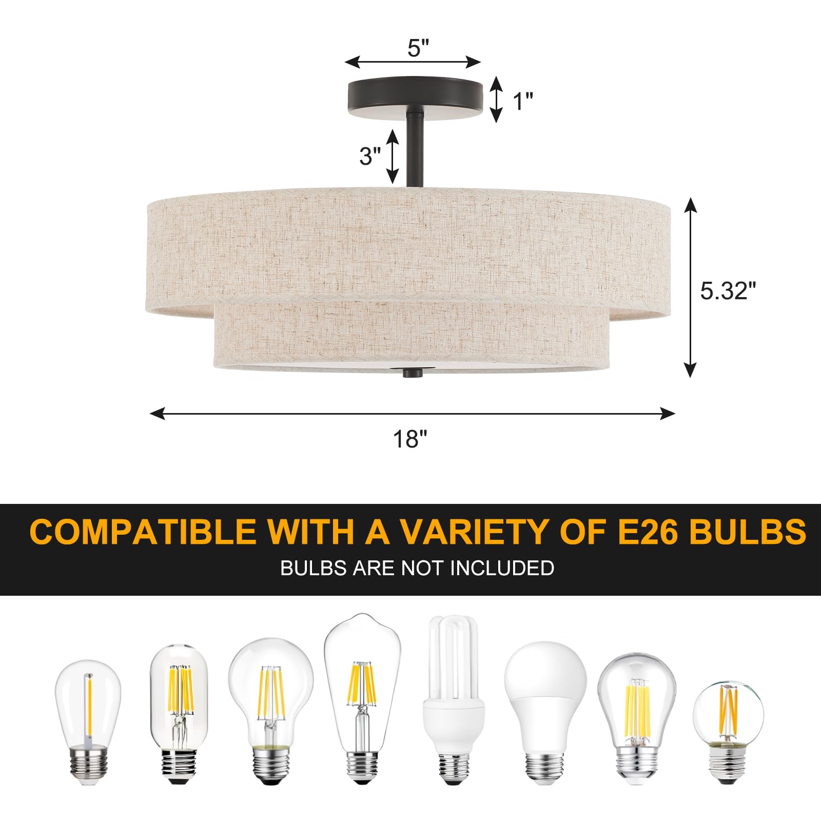Widluth Modern 3-Light Ceiling Light Fixture, 18" Black Drum with Linen Shade, Vintage Style for Kitchen, Bedroom, Basement, Laundry Room
