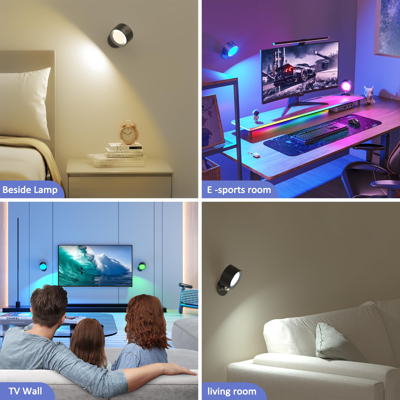 Lightbiz LED Wall Lights, RGB Dimmable Sconces, Rechargeable 3000mAh, Magnetic 360° Rotation, Black-Colorful Light, Model X130