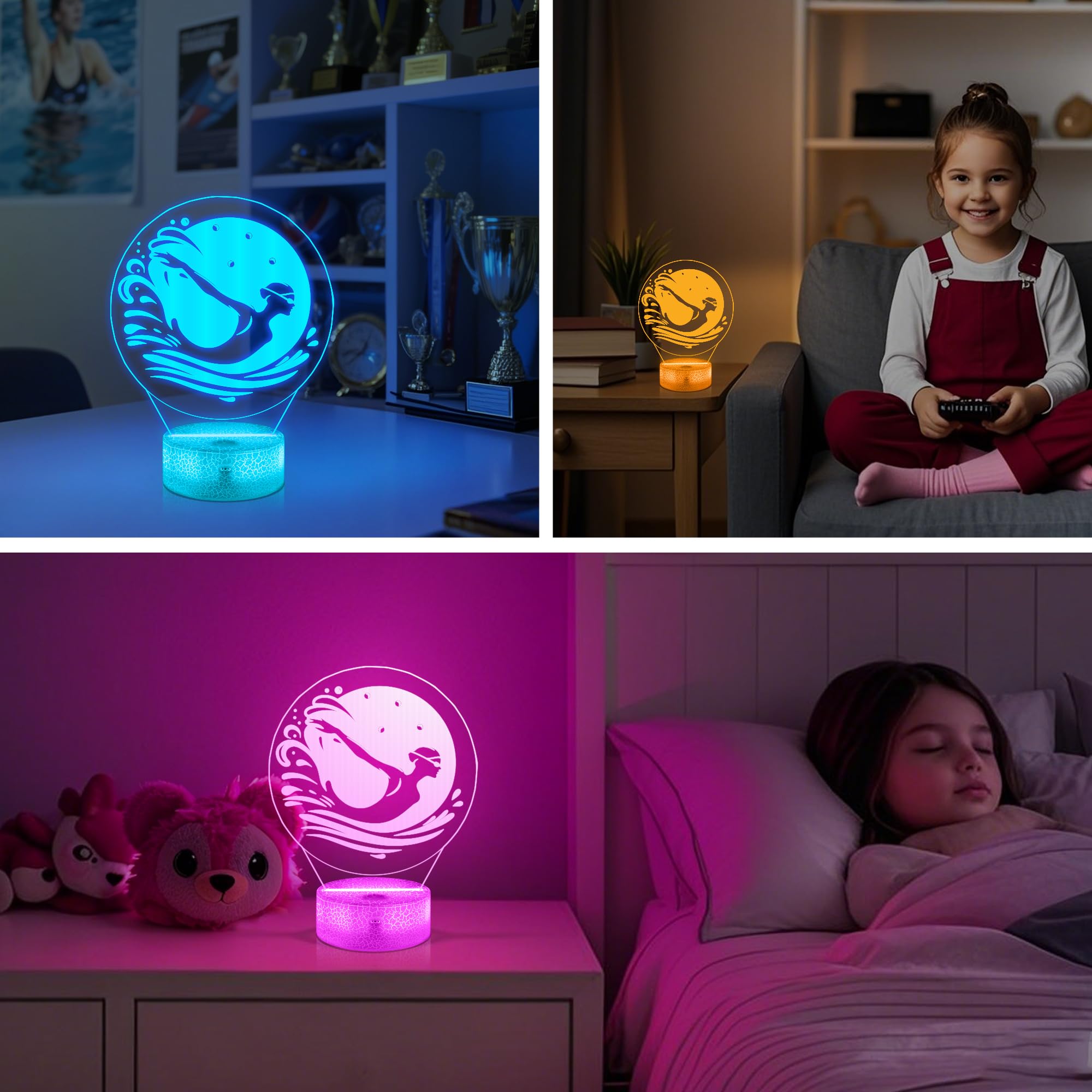 OkiyiD Swimming Gifts for Girls Women, 3D Illusion Lamp Swimming Night Light with 16 Colors Changing Remote Control, Swim Gifts