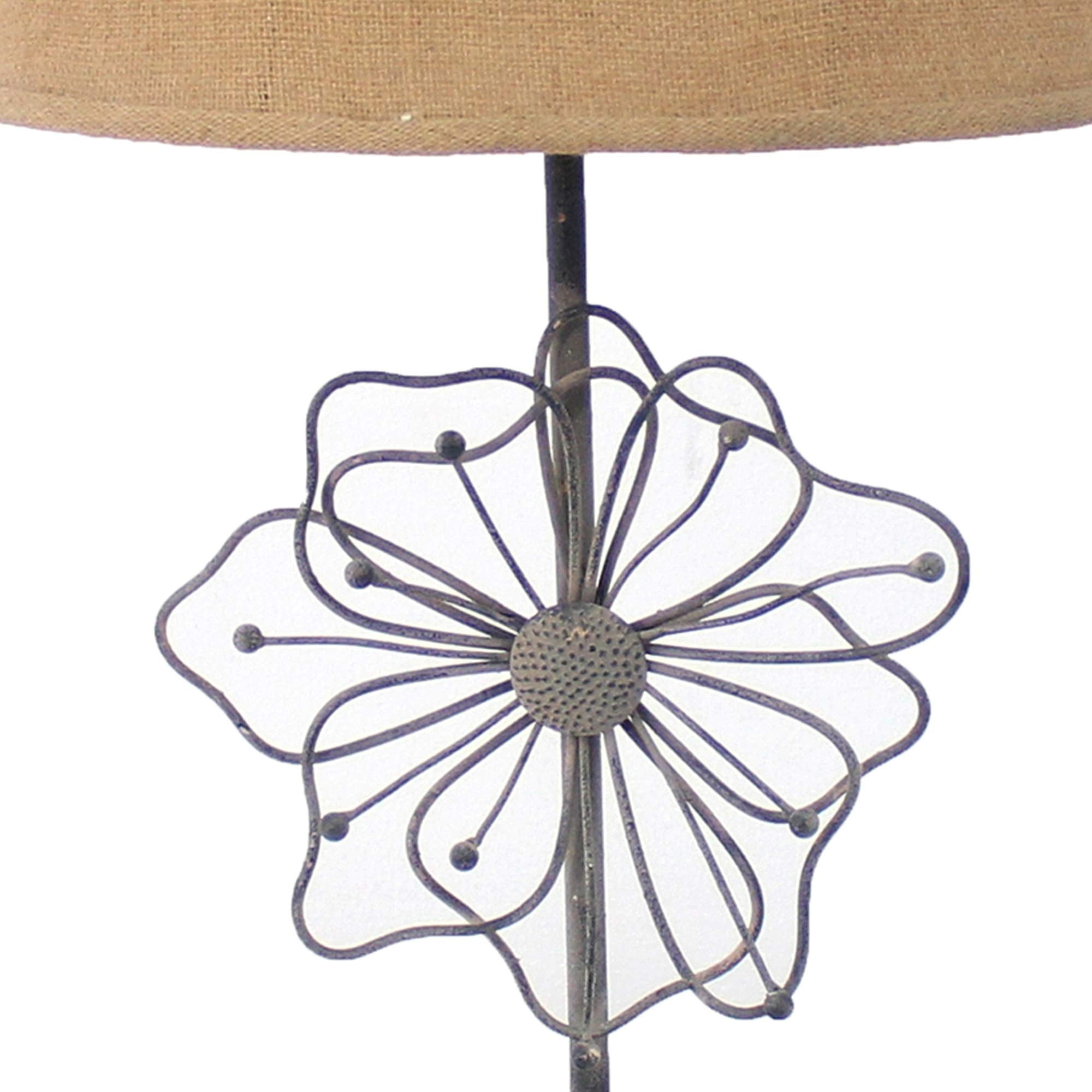 Benzara Metal Table Lamp with Flower Accent, Block Base, Beige and Gray, Model BM217243
