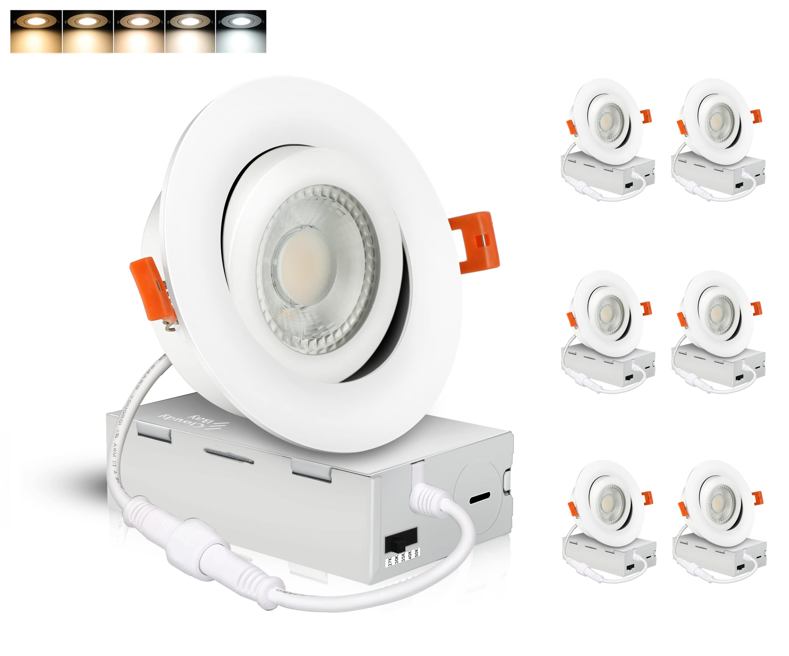 Cloudy Bay Eyeball 4 Inch 5 Color Gimbal Led Recessed Light With Junction Box, 9.5W Cri90+ 2700K/3000K/3500K/4000K/5000K Selectable,Dimmable, Canless Recessed Spotlights, Damp Rated, White,Pack Of 6
