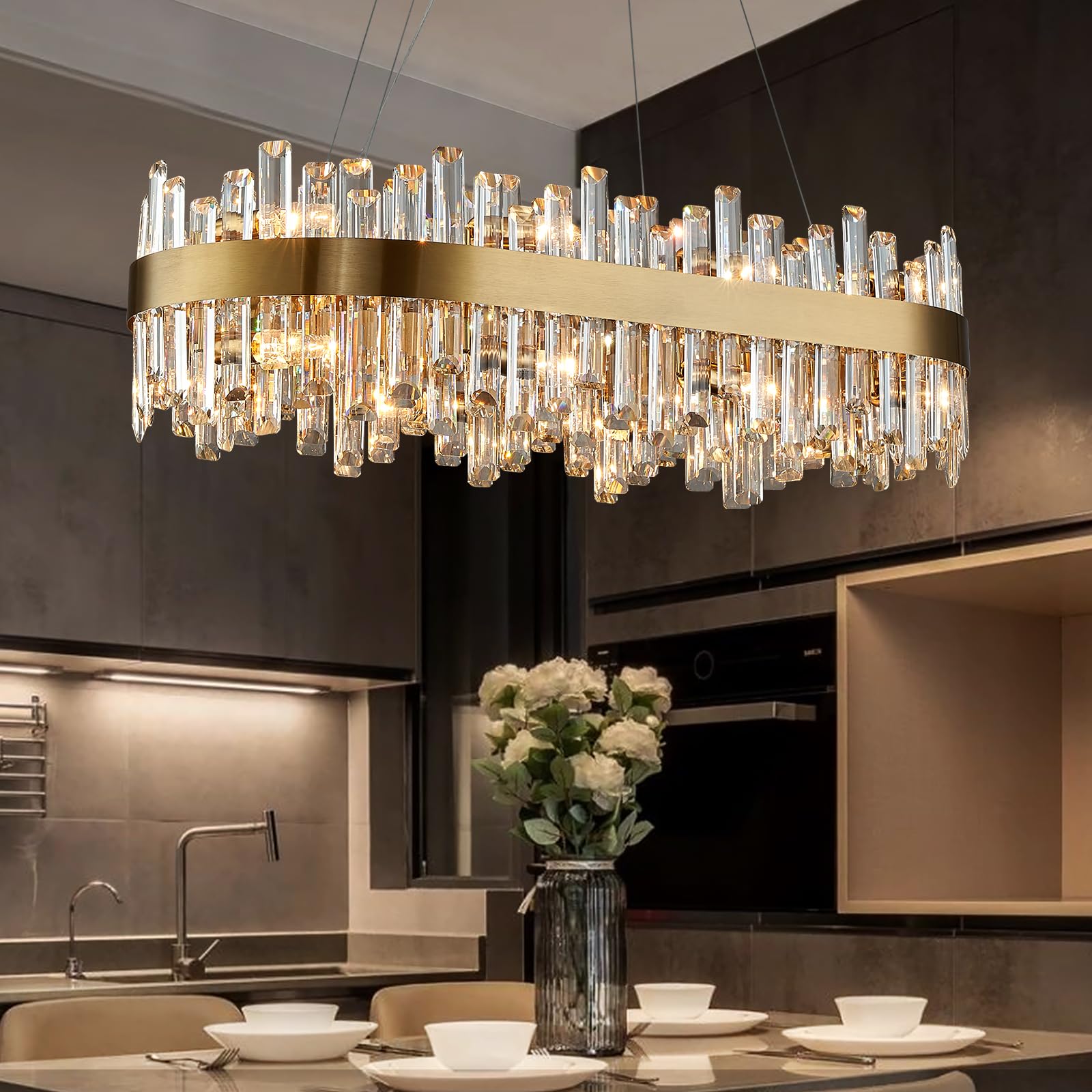 Siljoy Modern Crystal Chandelier 16 Lights Rectangle L35.4in  Clear Crystal Brass Gold Flush Mount Pendant Light for Dining Room