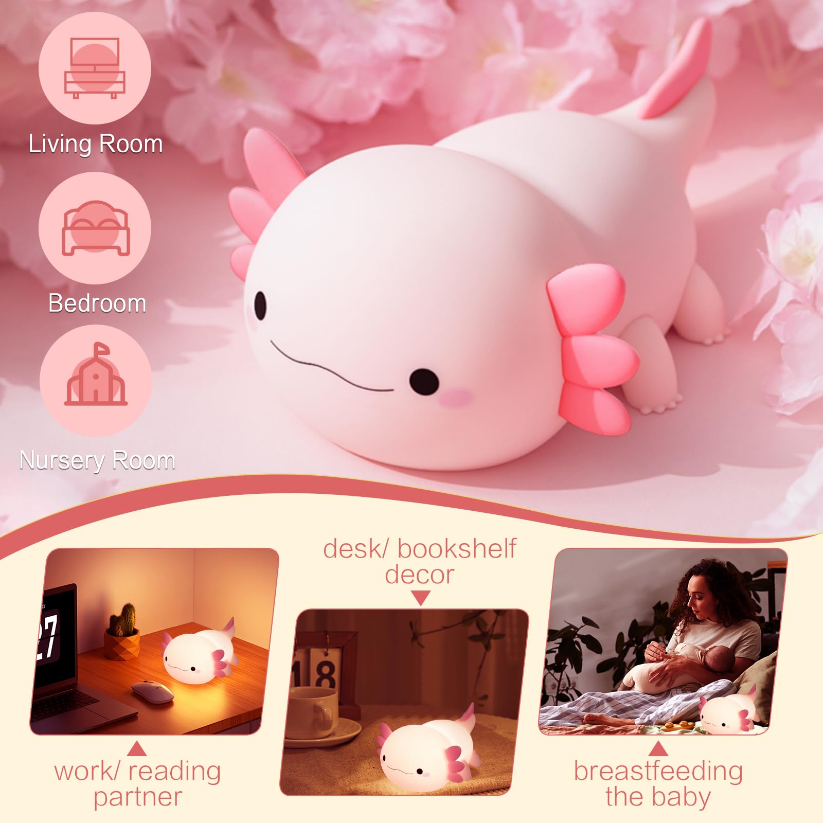 Yr Yrhh-Pet Axolotl Cute Night Light For Kids  Axolotl Lamp Girls Xmas Gifts  Rechargeable Bedside Nightlight  Squishy Dimmable Silicone Led Funny Animal Light  Baby Nursery Dorm Kawaii D?Cor Toys
