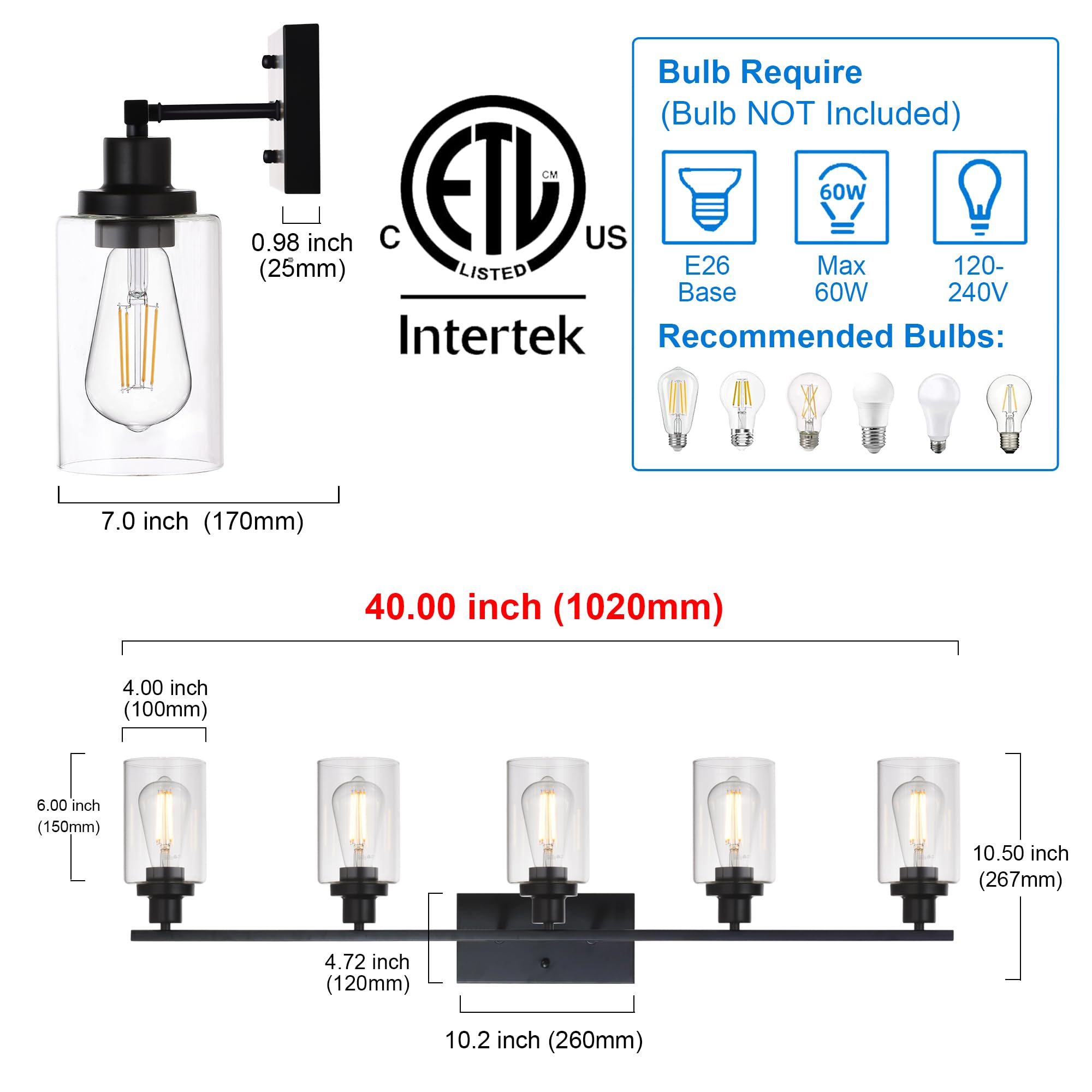 Melucee 40 Inches Length 5-Light Bathroom Vanity Light Fixtures Black Industrial Wall Sconce Lighting With Clear Glass Shade For