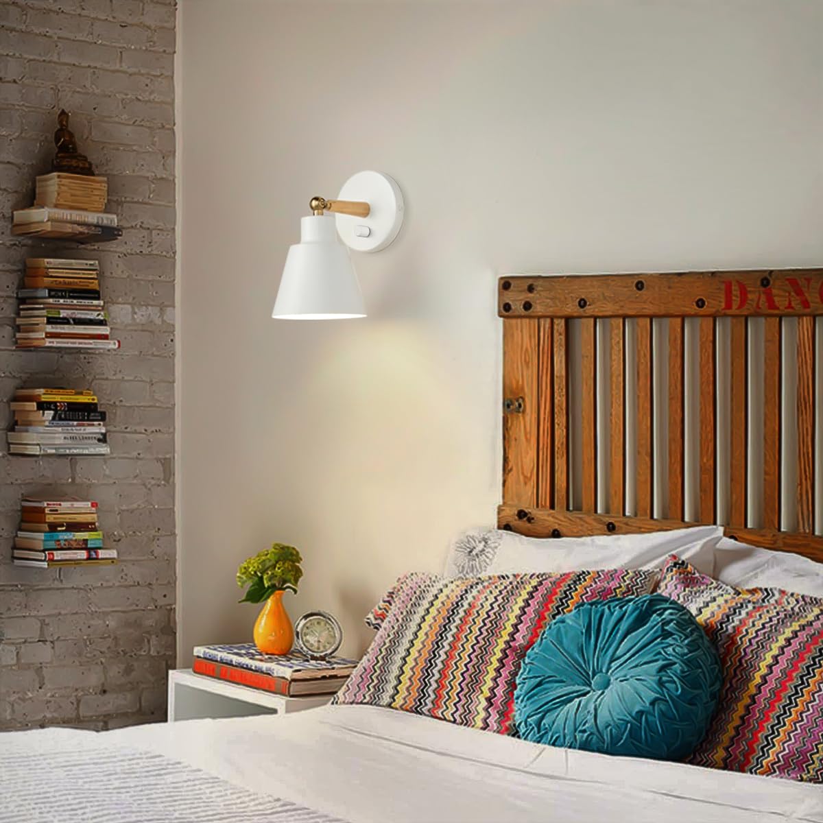 Clankin White Wall Sconces Lighting Fixture, Nordic Wooden Bedside Wall Lamp With On-Off Switch For Industrial Bedroom, Bathroom