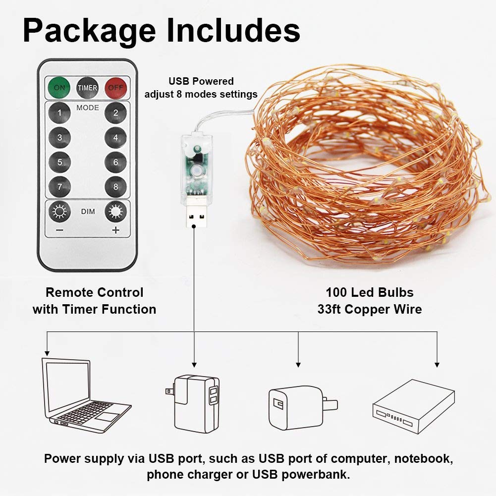 Twinkle Star 100 LED 33 FT Copper String Lights Fairy String Lights 8 Modes LED String Lights USB Powered with Remote Control fo