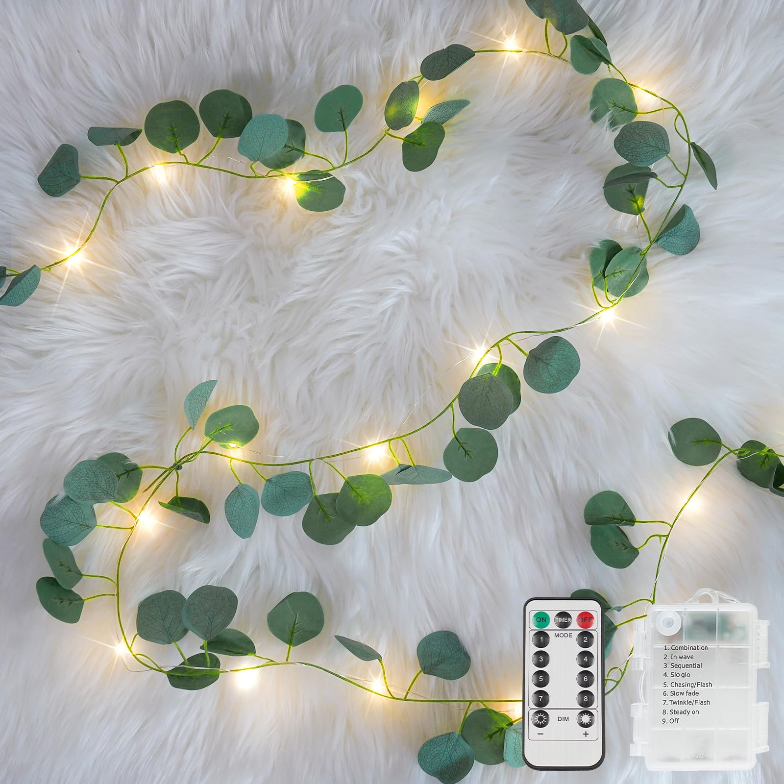 suddus Eucalyptus Garland String Lights, 33ft, 100 LED, Battery Operated, Warm White, Remote Control, Copper Wire