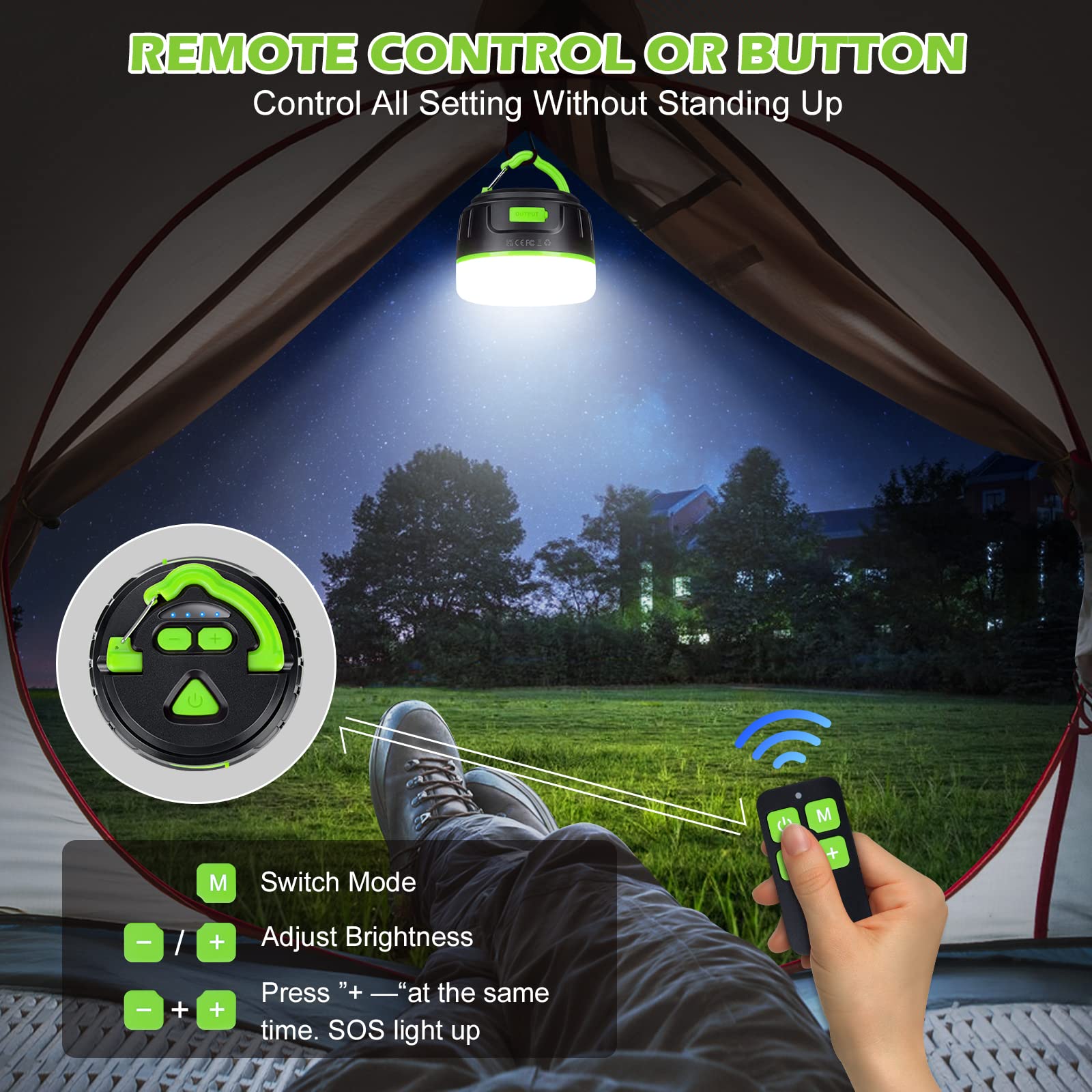 Sinvitron LED Camping Lantern - 1000LM, 150H Runtime, 5200mAh, Water-Resistant, 2-Pack, Black/Green, Model C5-P