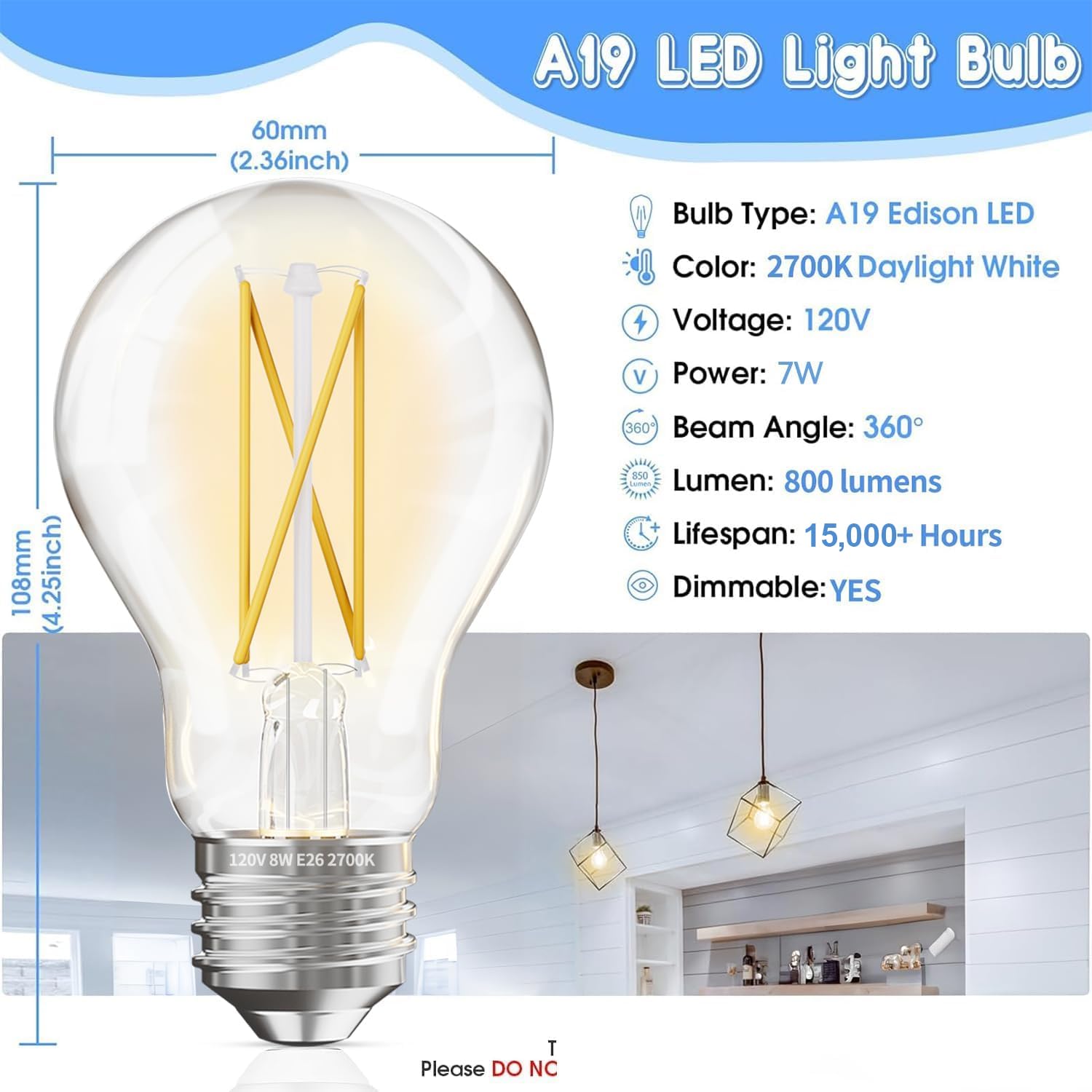 Volivo A19 Led Filament Bulbs 60W Equivalent 7W, Dimmable E26 Base 2700K Warm White, Vintage Clear Glass 800Lm 80Cri, 6-Pack