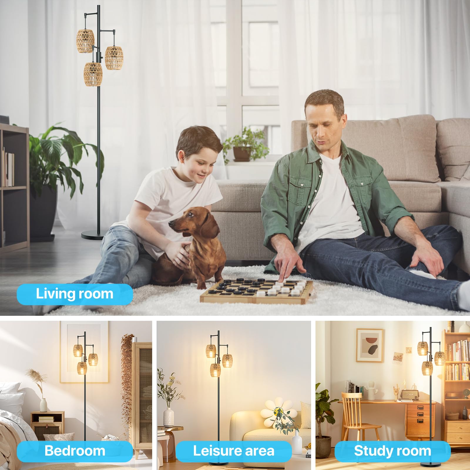 Lumenfox Boho Rattan Floor Lamp - Dimmable Floor Lamp 70 Inch With Shades, Coastal Floor Lamp 3 Light Bohemian Floor Lamps Stand