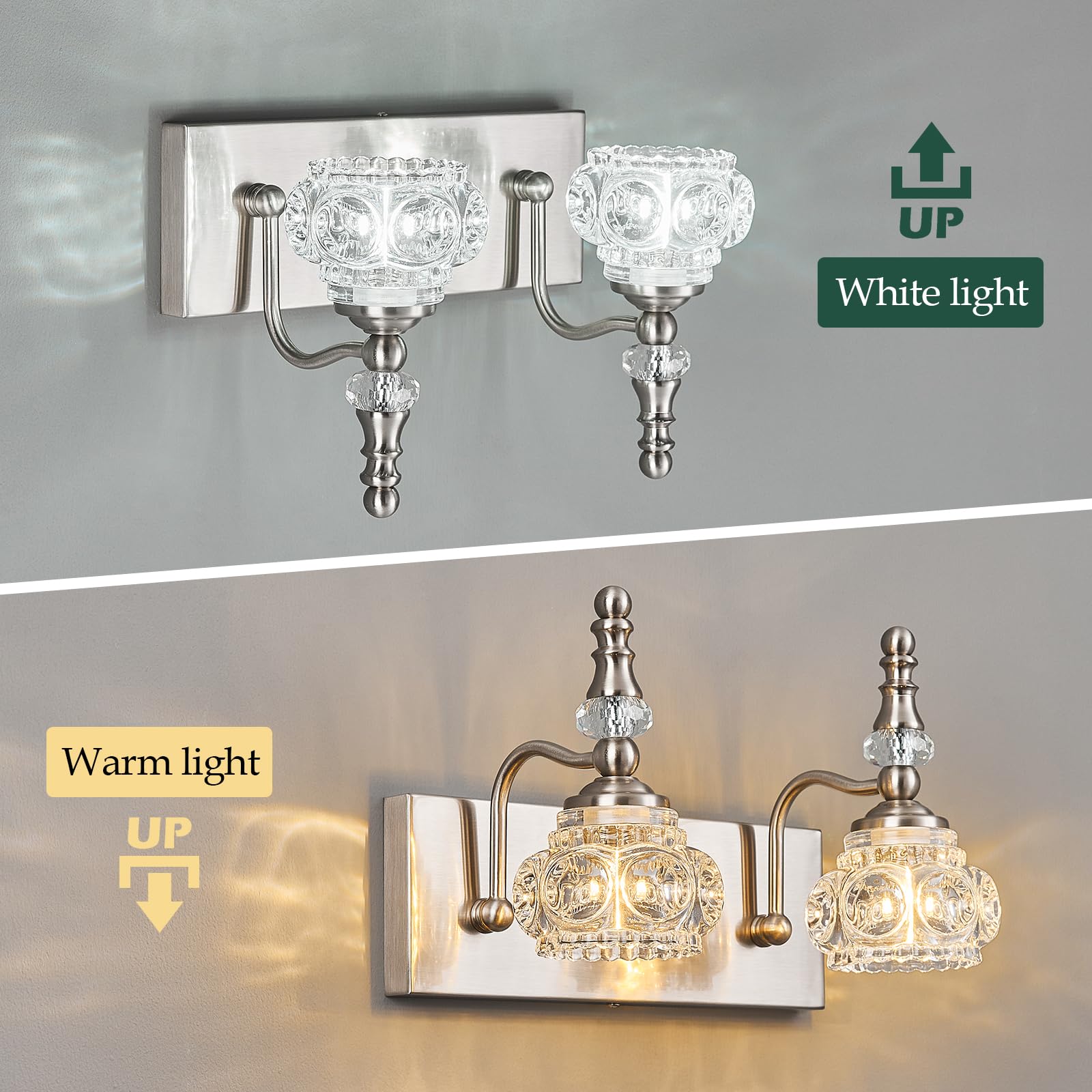 Lbsqj Modern Glass Crystal Vanity Light - Vintage Bathroom Lighting Fixtures Over Mirror  2 Light Vanity Lights G9 Bulb (11.81 Inch  Nickel)