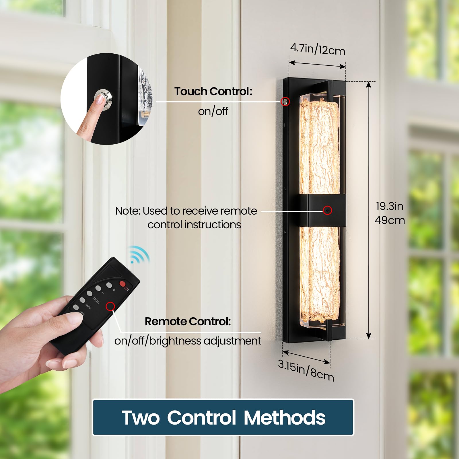 WOSHITU Battery Operated Wall Sconce - Dimmable LED Black Resin Light, 19 Inch, Wireless Rechargeable, Modern Design for Home