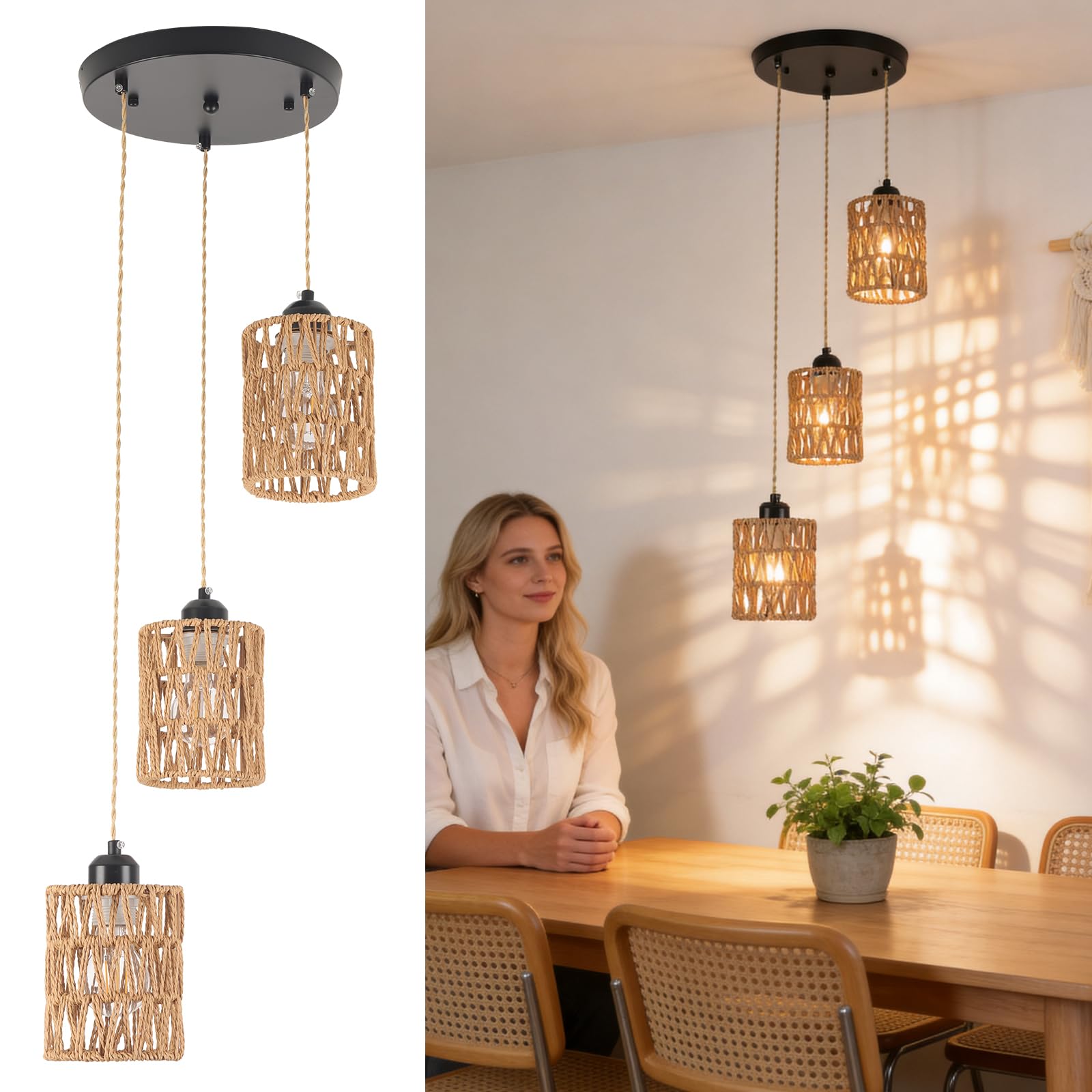 Finktonglan 3-Light Rattan Pendant Light, Boho Farmhouse Woven Hanging Light Fixture, Adjustable Kitchen Island Pendant Lighting