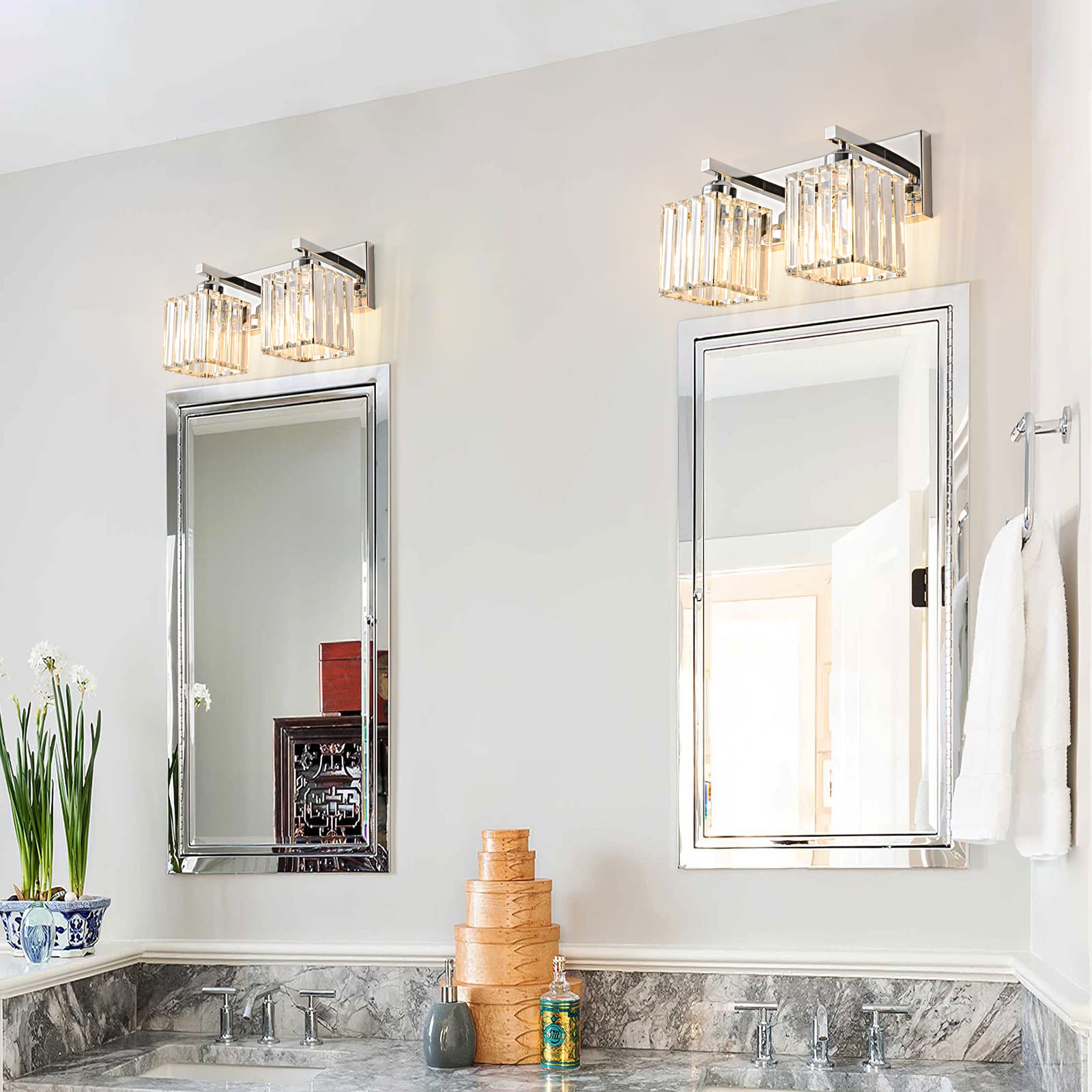FDPBY Modern 2-Light Chrome Crystal Bathroom Vanity Wall Light, Metal, JW-002, Chrome Straight