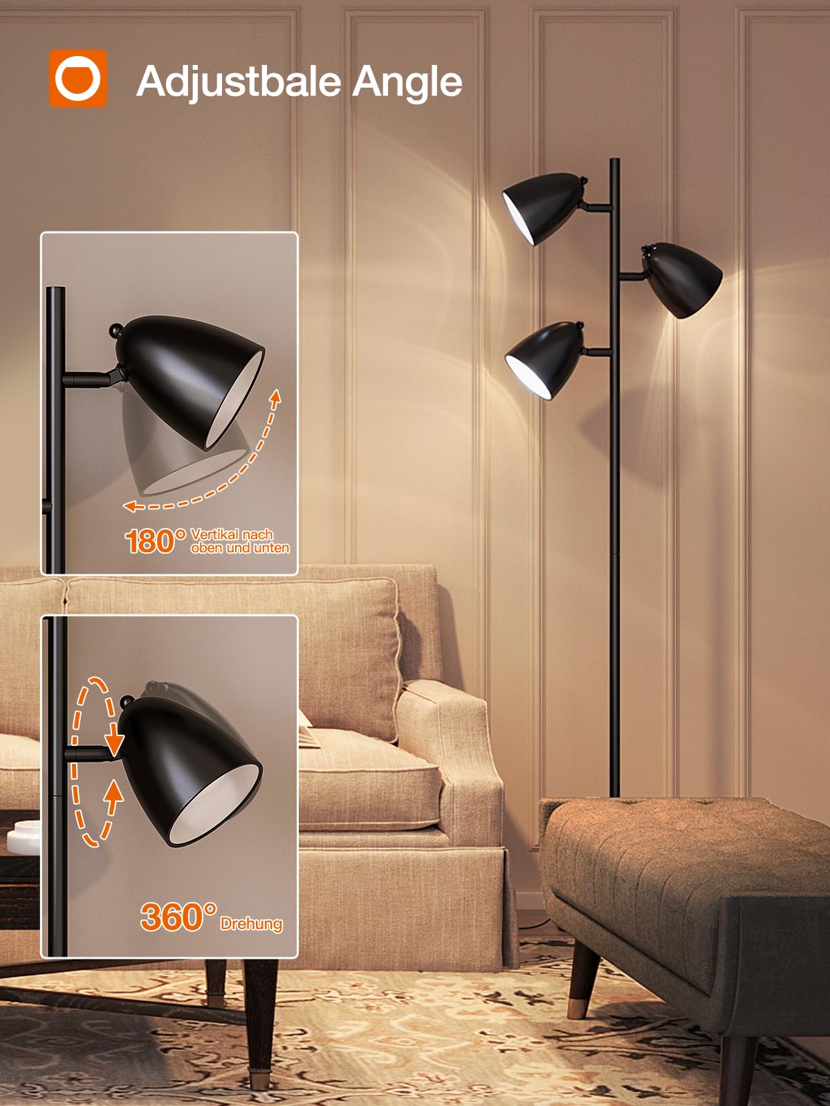 Addlon Tree Floor Lamp With Remote, 3 Adjustable Rotating Light And Matching Led Bulbs, Standing Tall Pole Lamps For Living Room