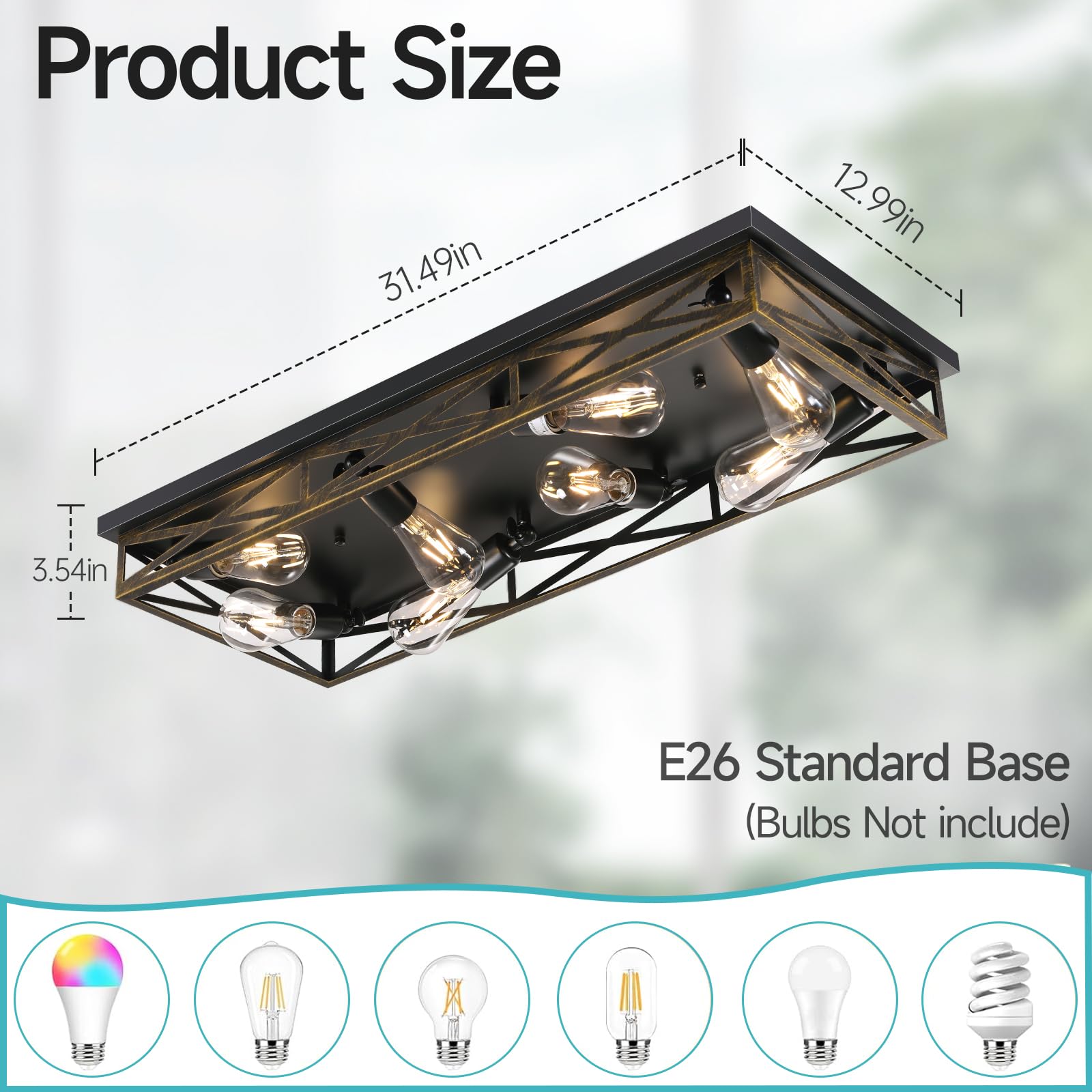 DIKAIDA Rustic Flush Mount Ceiling Light, 8-Light Metal Cage Fixture, 31in, Black, 1 Pack