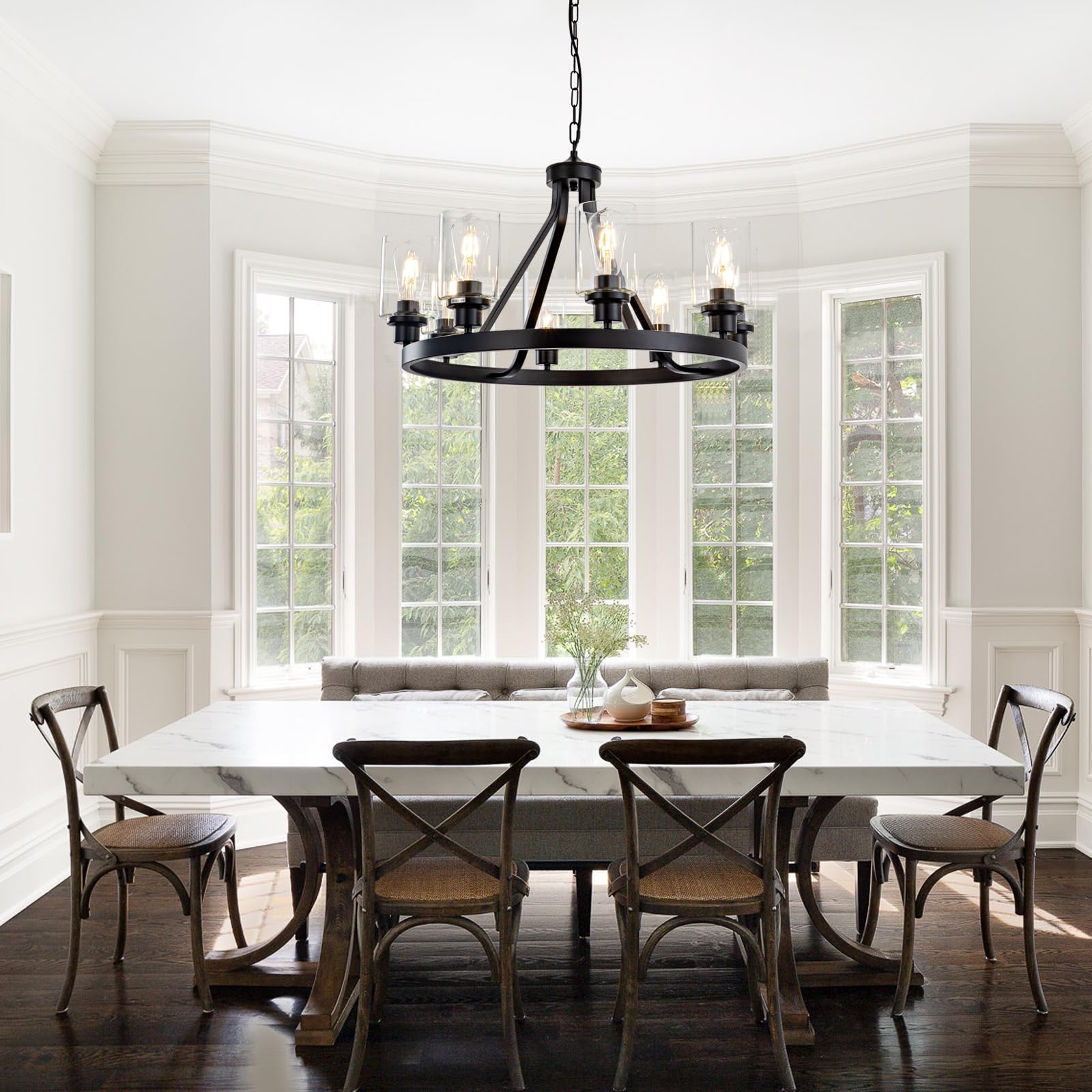 Lanhall 8-Light Black Wagon Wheel Chandelier - Rustic Industrial Pendant Light For Dining Room