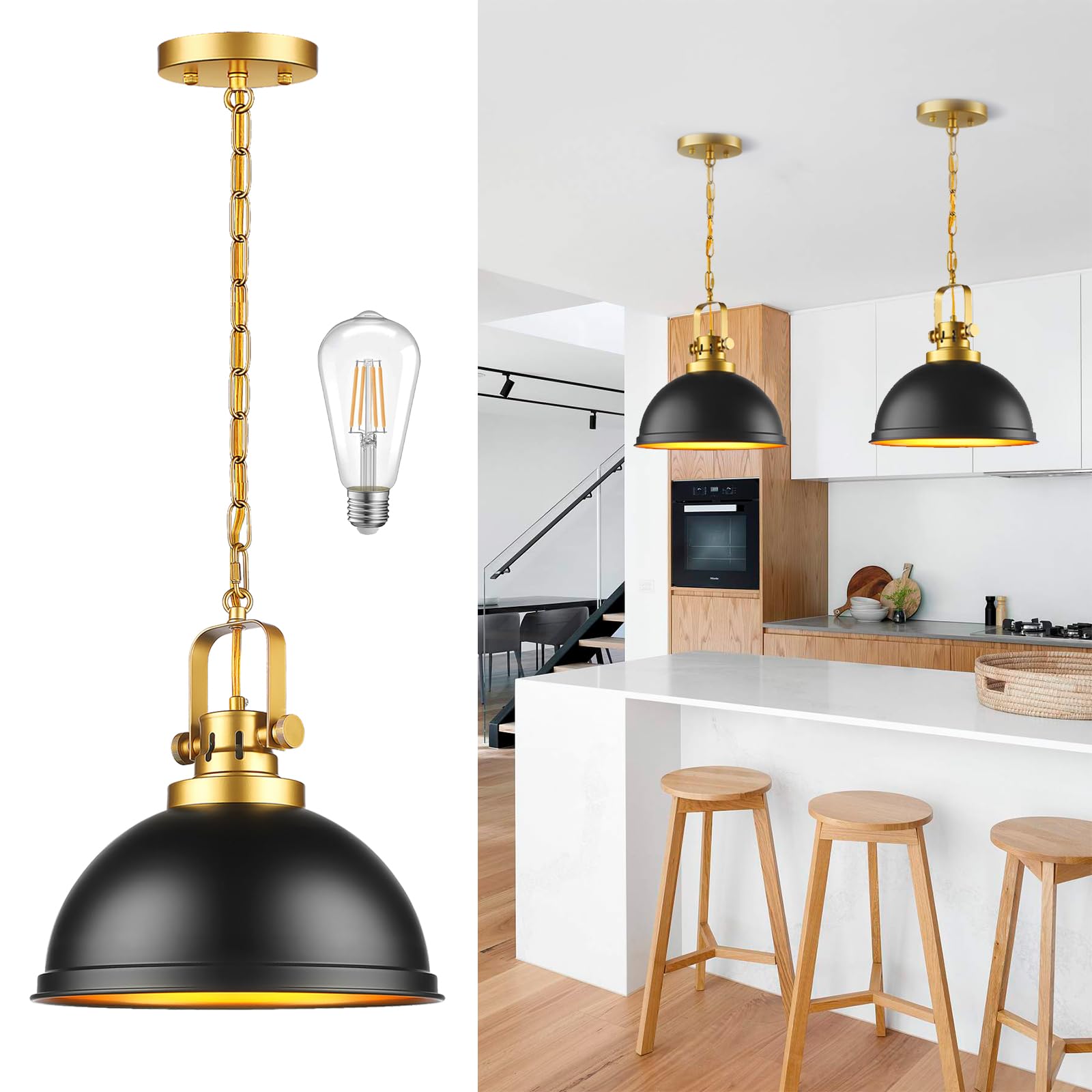 Mgcanyu Farmhouse Black And Gold Pendant Lights Kitchen Island  Matte Black Dome Pendant Lighting Gold Vintage Metal Hanging Ceiling Light Fixture For Living Dining Room Restaurant Entrance Sink