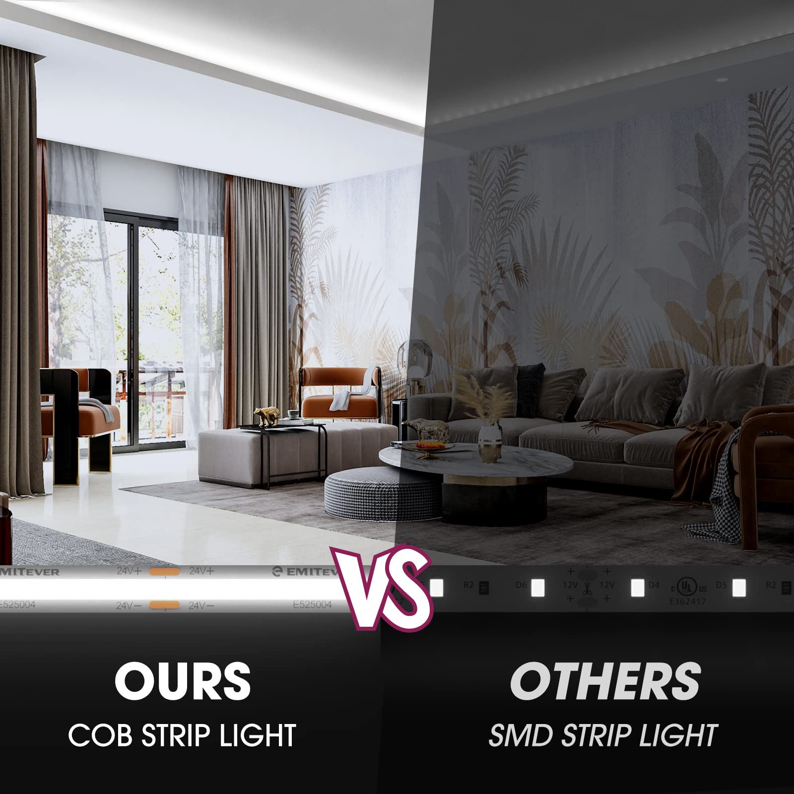 Emitever Led Strip Light, Cool White 5000K 16.4Ft,24V Dc Cob Dimmable Tape Lights With Rf Controller,Premium High Density Power Adapter,1600Leds Ul Listed For Bedroom,Kitchen Cabinets,Indoor Use