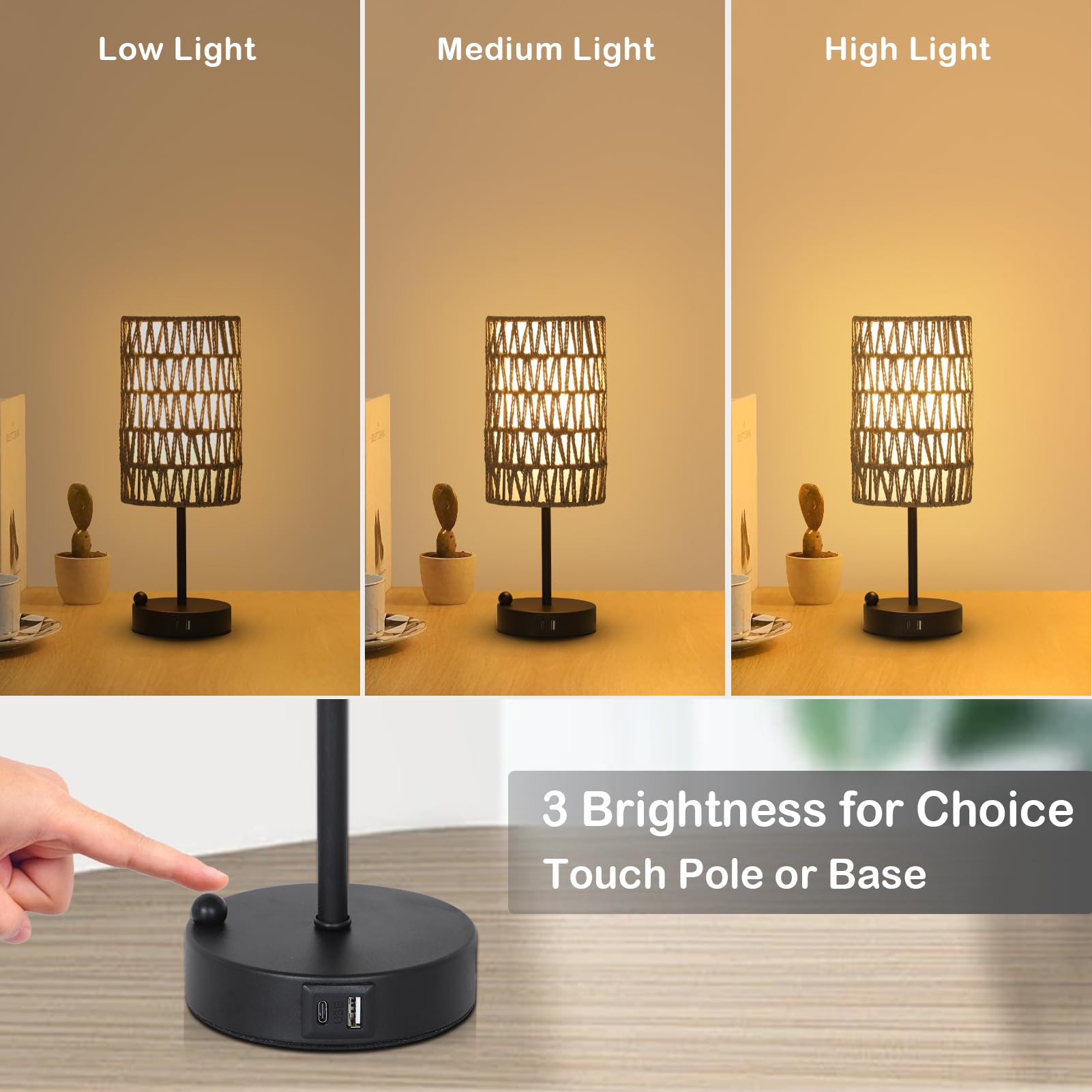 Touch Bedside Lamp For Bedroom With Bulb, Grey Boho Small Table Lamp For Living Room With Rattan & Linen Shade, 3 Way Dimmable T
