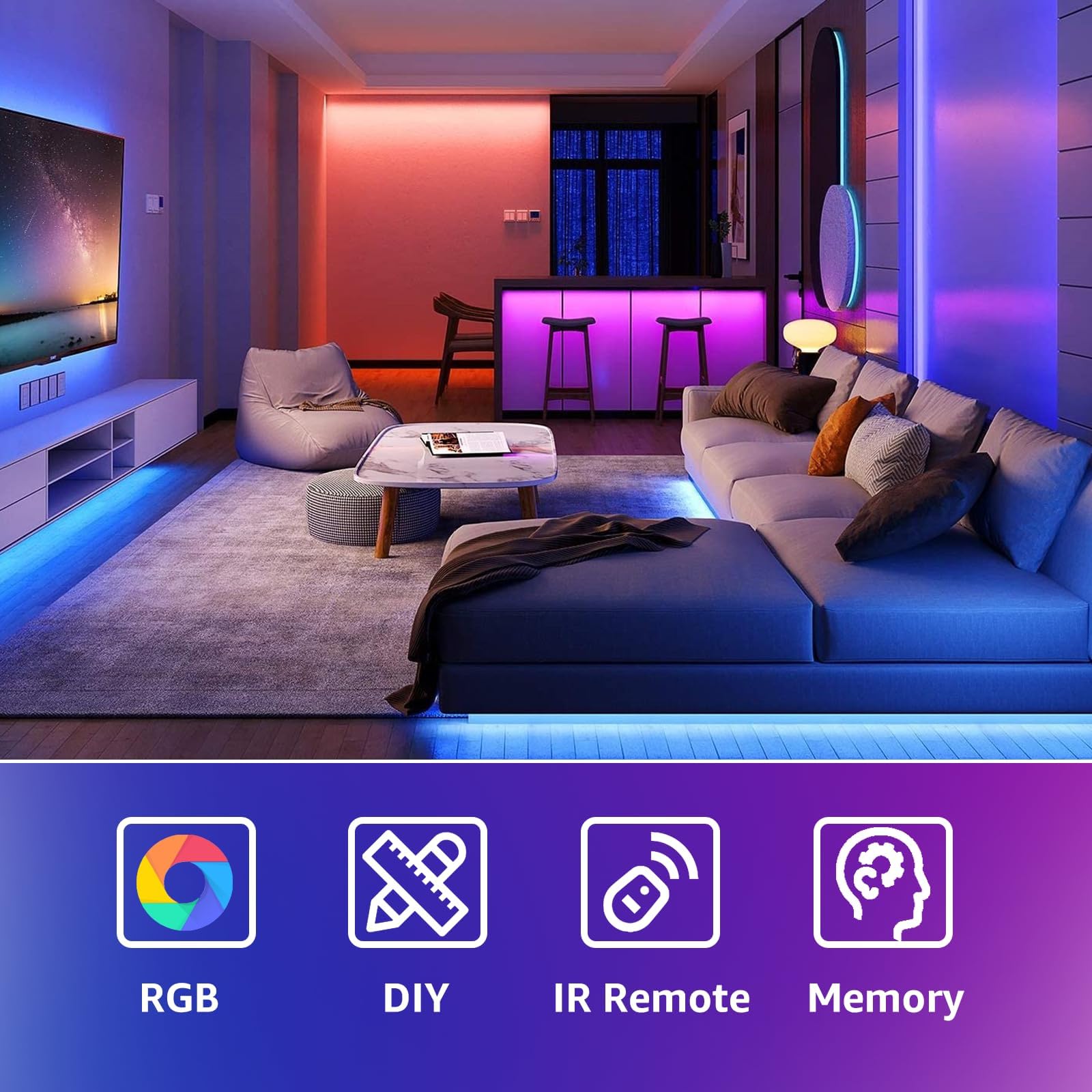 Hyrion 200Ft Led Strip Lights(2 Rolls Of 100Ft) For Bedroom With 44 Keys Remote,24 Volt Dimmable Rgb Color Changing Led Lights F