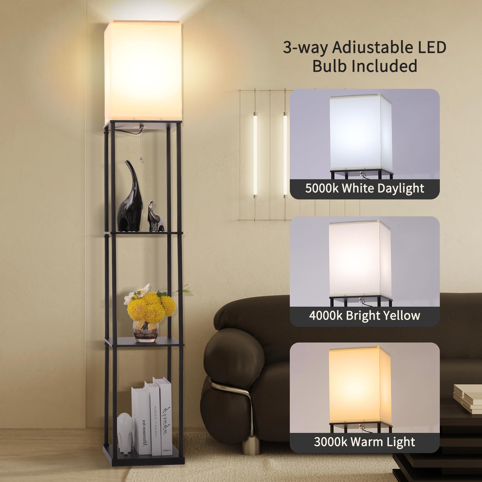 Gupuzm Floor Lamp With Shelves, Modern Square Standing Lamp With 3 Color Temperature Bulb, Corner Display Bookshelf Lamp For Liv