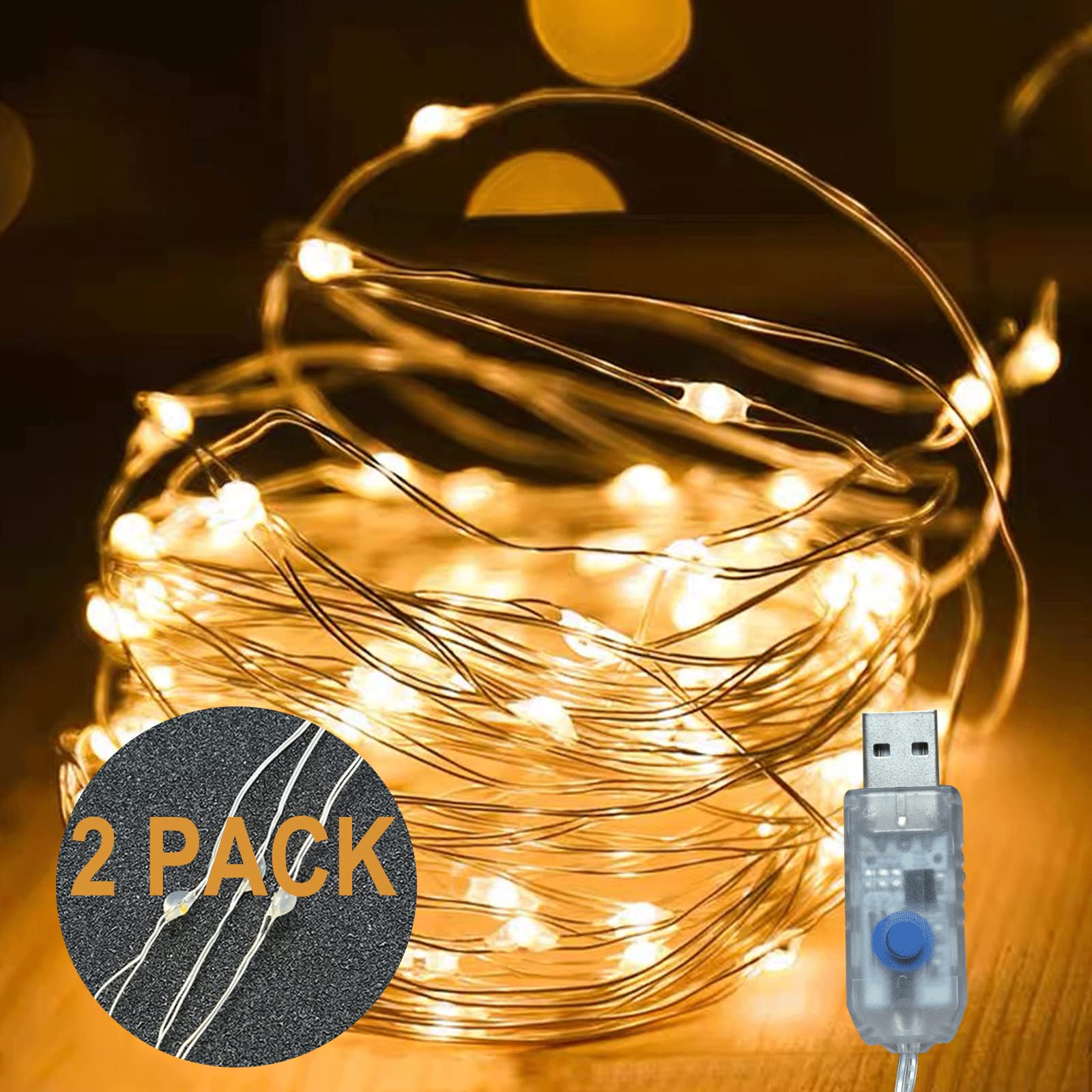 Fairy Lights Plug in 2 Pack, 8 Modes 33ft 100 LED Firefly Twinkle String Lights, USB Mini Small Cute Christmas Tree Twinkling Lights for Indoor Bedroom Party Wedding Valentines