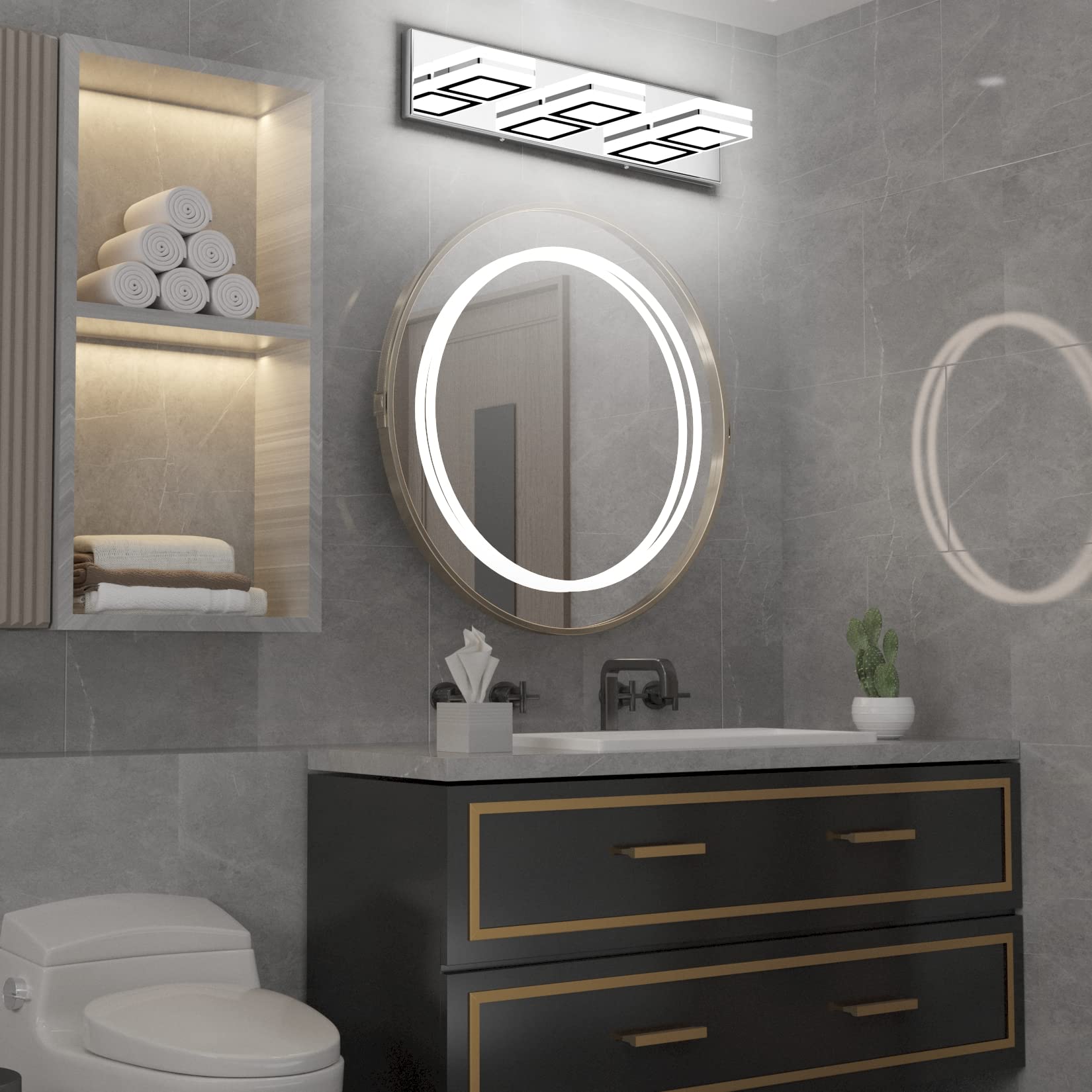 Ralbay 3-Light Modern LED Vanity Light Fixtures, Chrome Stainless Steel, Rotatable Acrylic, Model 8596, Bathroom Over Mirror Lighting