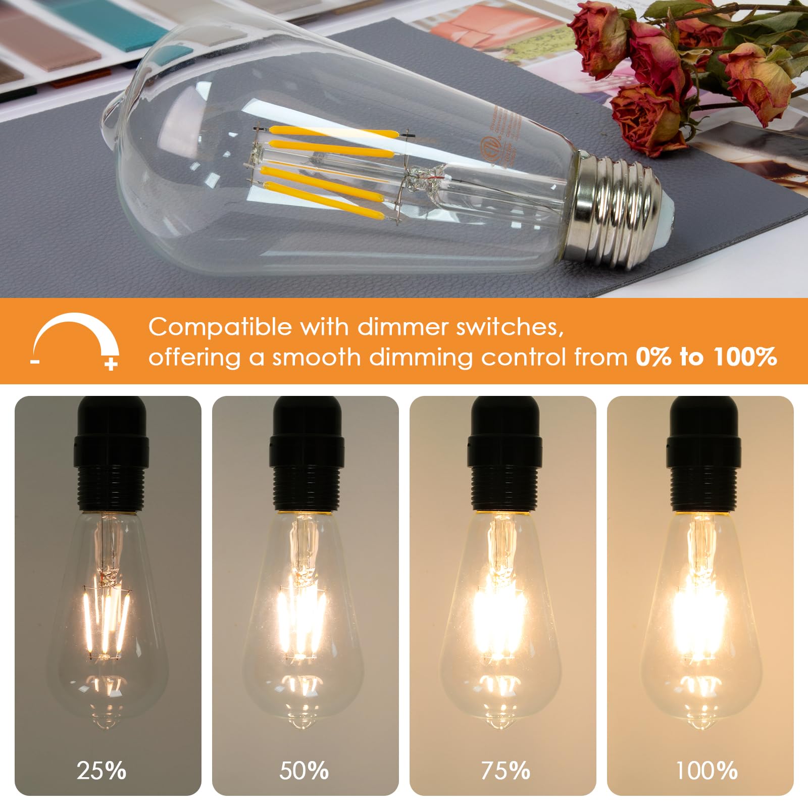 Dimmable Led Edison Bulbs 4W (40 Watt Equivalent) 400 Lumens, 3000K Soft White, St64 E26 Base Led Light Bulbs, Vintage Clear Gla