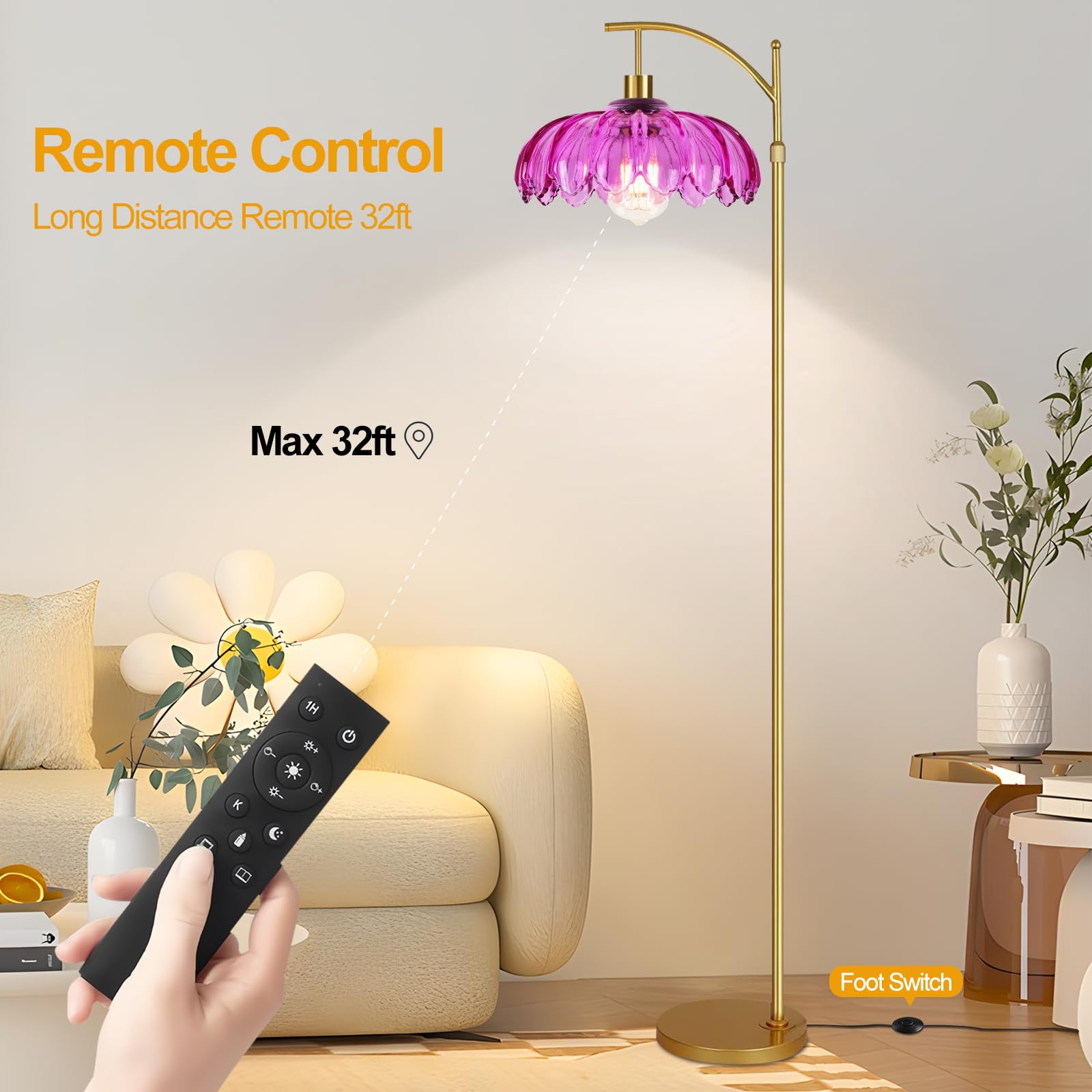 ZECOXOL Vintage Arc Floor Lamp with Remote Control, Glass Lampshade, 10.3 inch, Gold, Mid Century Modern, Model 001