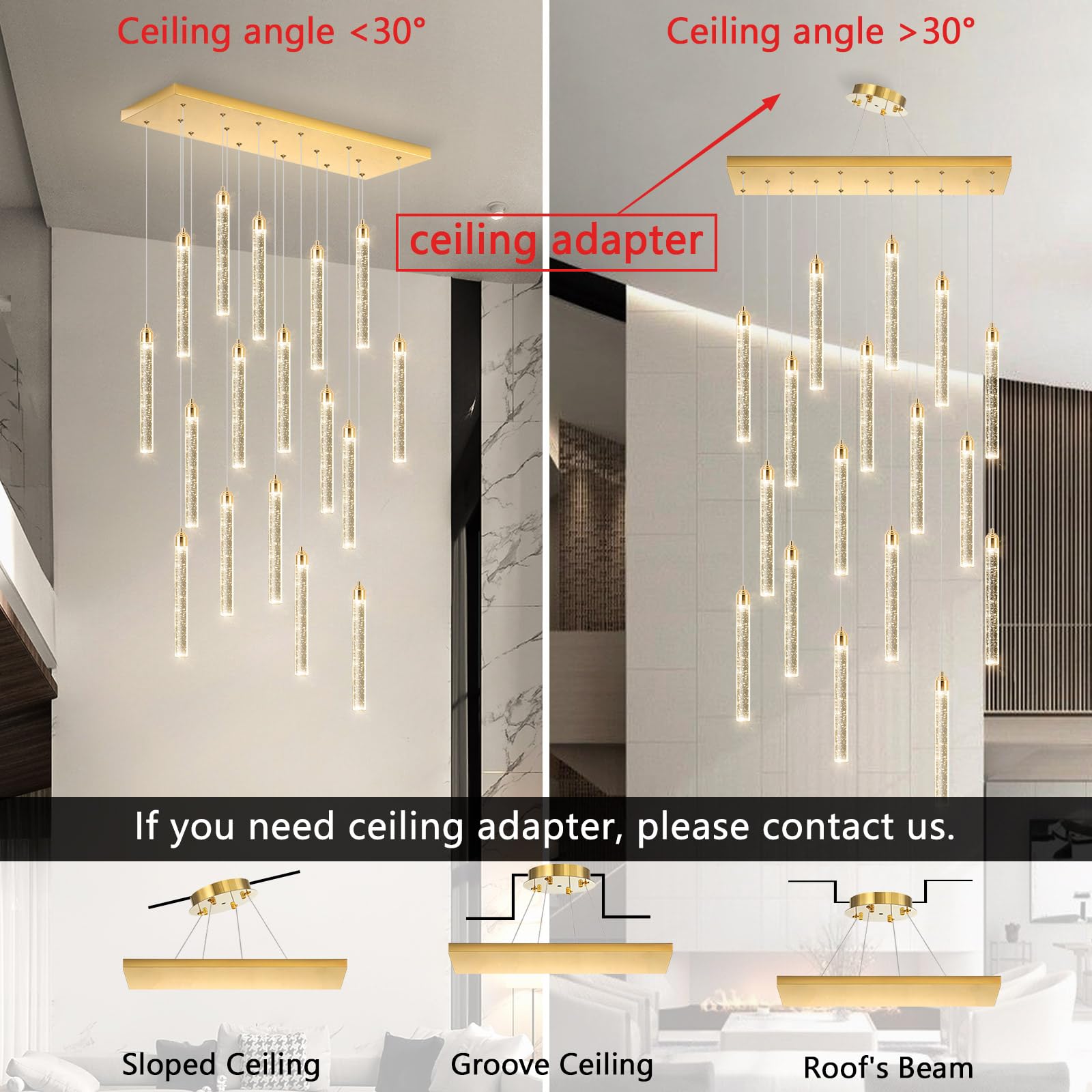 Rectangular Chandeliers 17-Lights Long Light For Entryway Led Dimmable Chandeliers Lighting Fixture Flat Sloped High Ceiling Pendant Lights Crystal For Living Room Foyer Hallway Staircase Gold