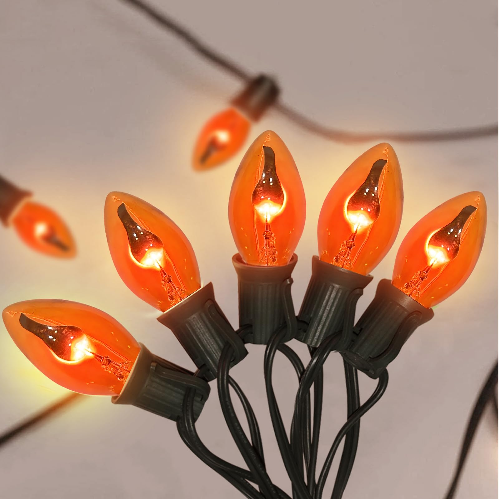 25Ft Orange Halloween Lights Outdoor, C7 Halloween Decorations Lights with 27 Orange Flicker Flame Bulbs, Vintage Christmas Flickering Lights for Patio Garden Party Christmas Tree Decor-Black Wire