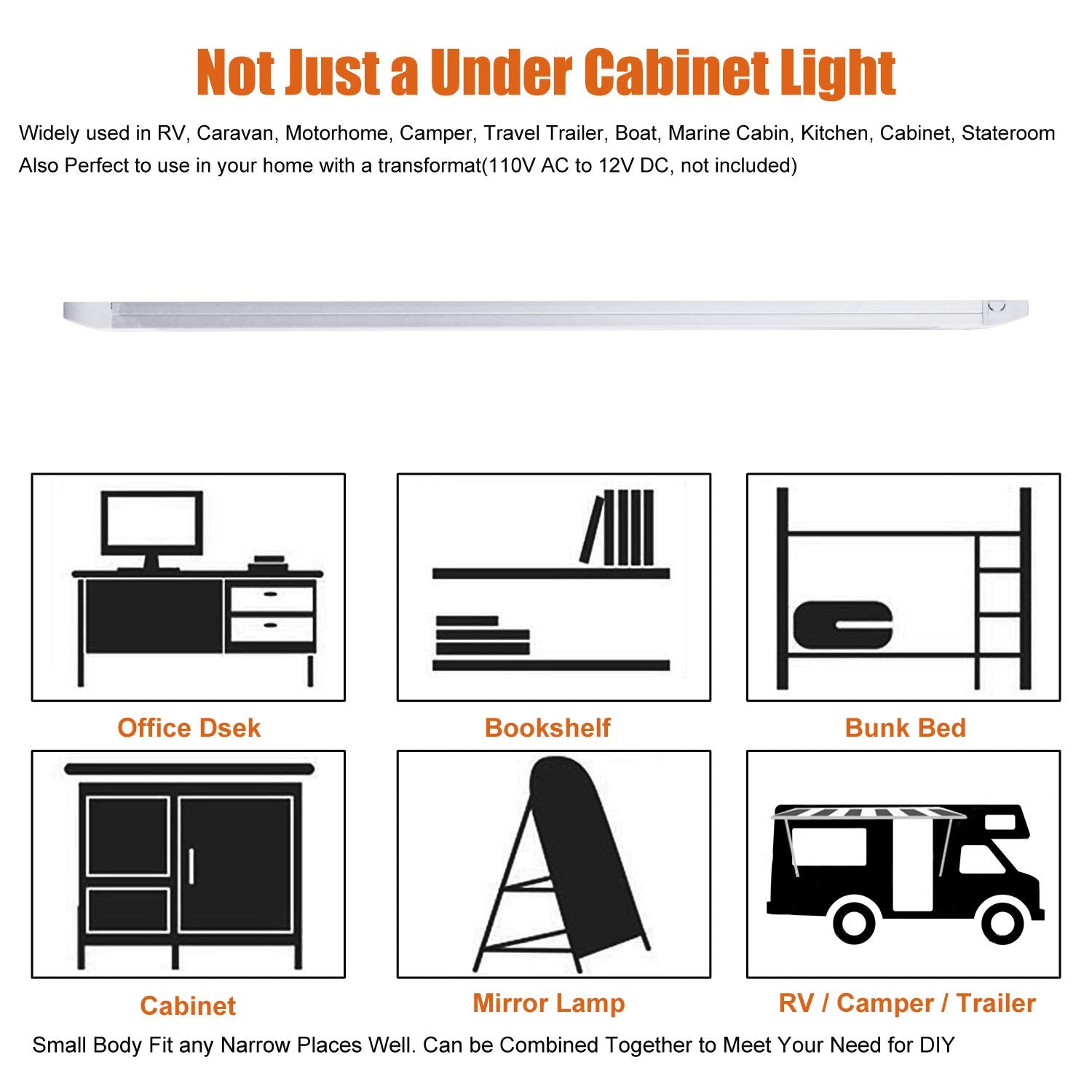 Facon 13-Inch LED RV Interior Light, 3000K Warm White, Aluminum, 12V with On/Off Switch, Model YD-2002-12SW