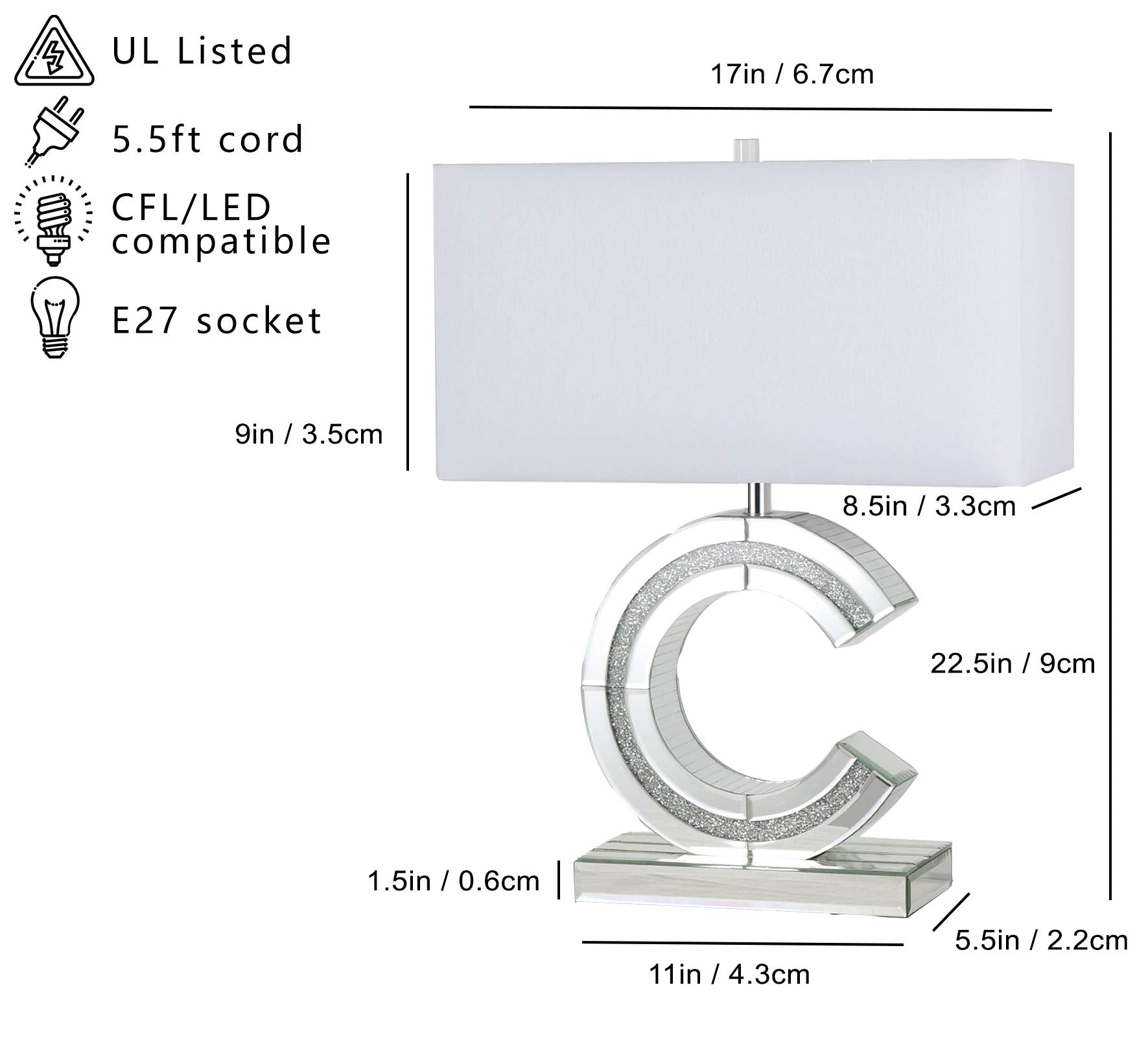 SH Lighting Classic C Shape Mirror Table Lamp - Crushed Diamond Centerpiece, 22.5" Tall, Silver, Large White Linen Shade, Model 4005A-C