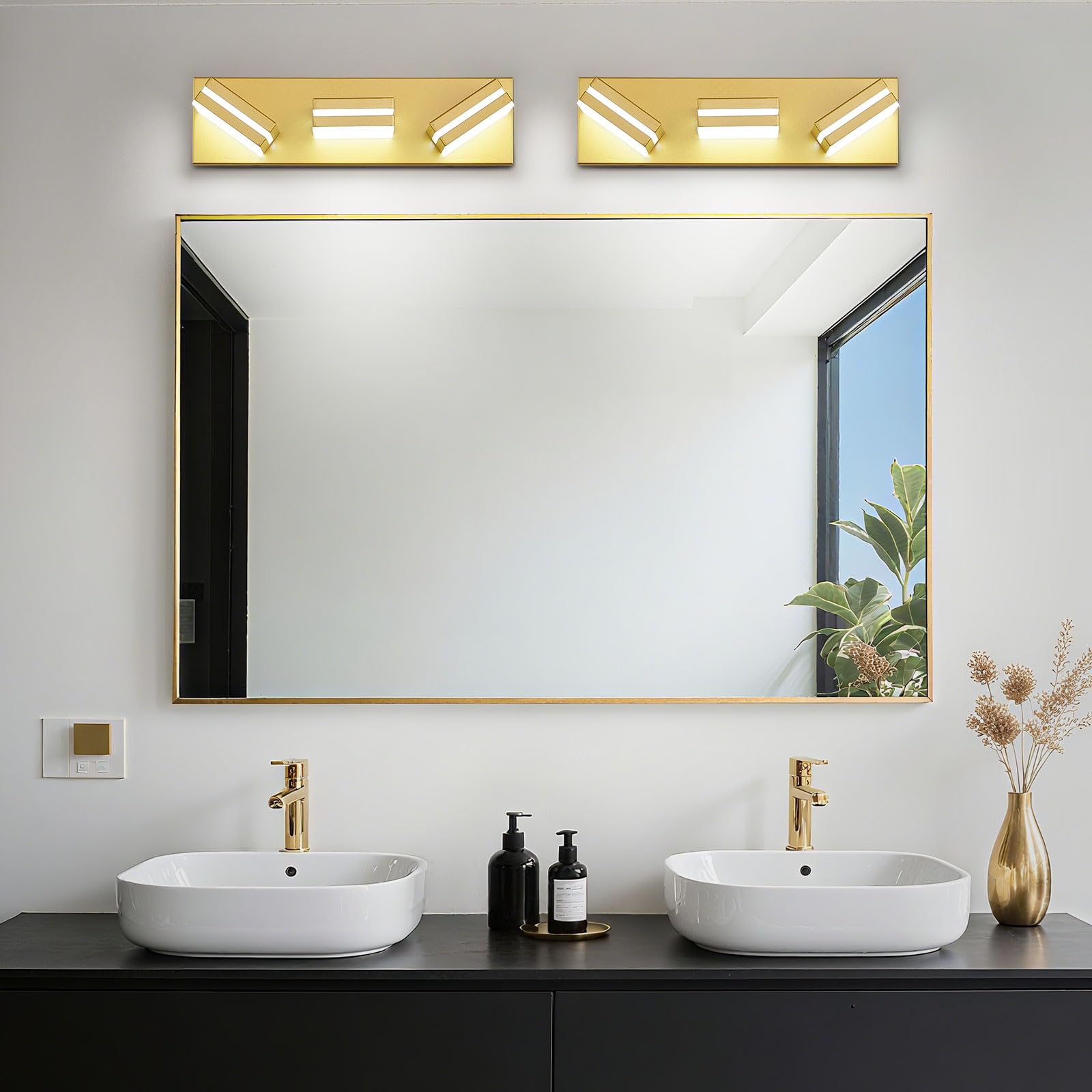 Jzekvn Modern Led Bathroom Lights Fixtures(3-Light) Metal Gold Acrylic Wall Lighting Vanity Lights For Bathroom Over Mirror 6000K 16In