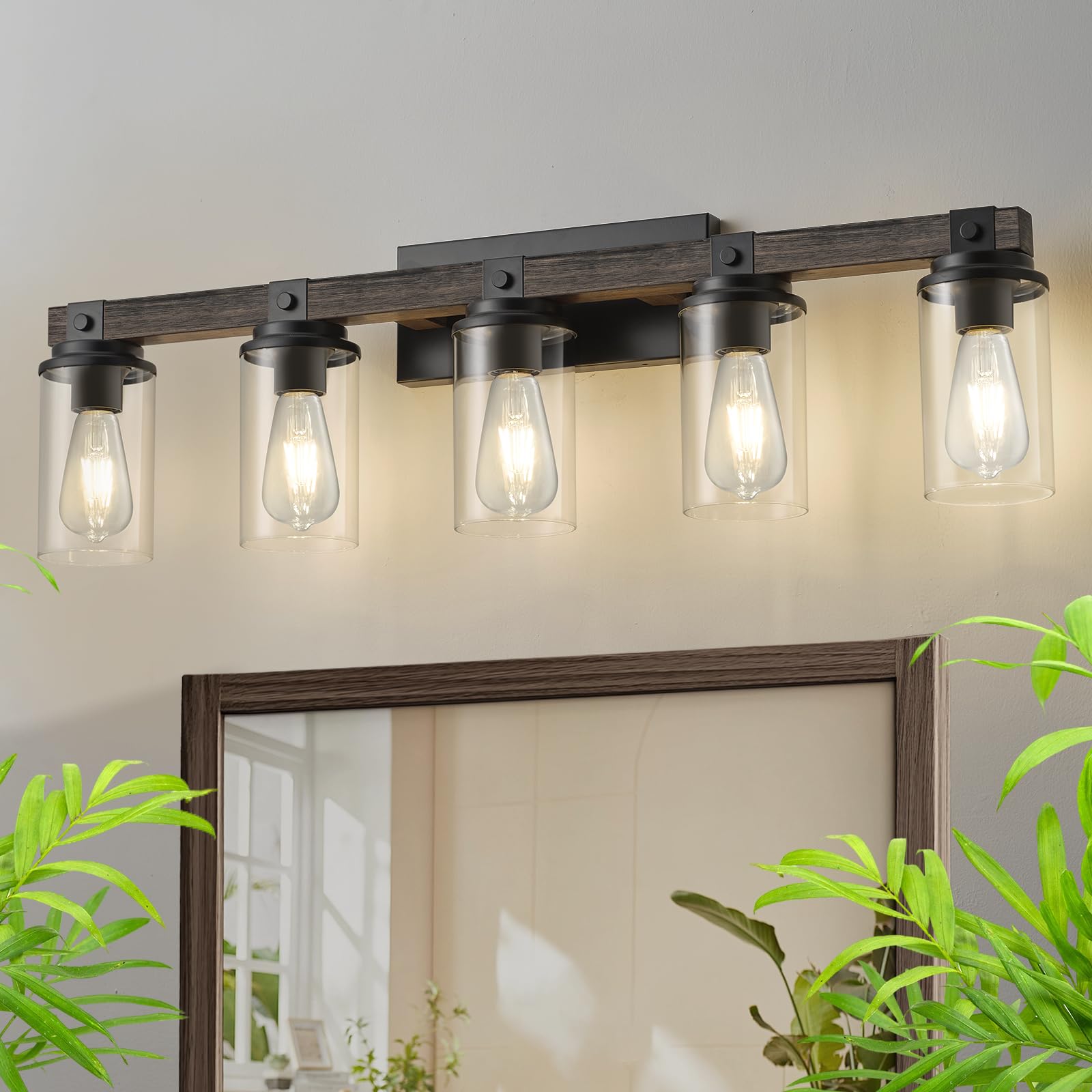 Goyeel 5-Light Farmhouse Bathroom Vanity Lighting - Wooden Wall Fixture With Clear Glass