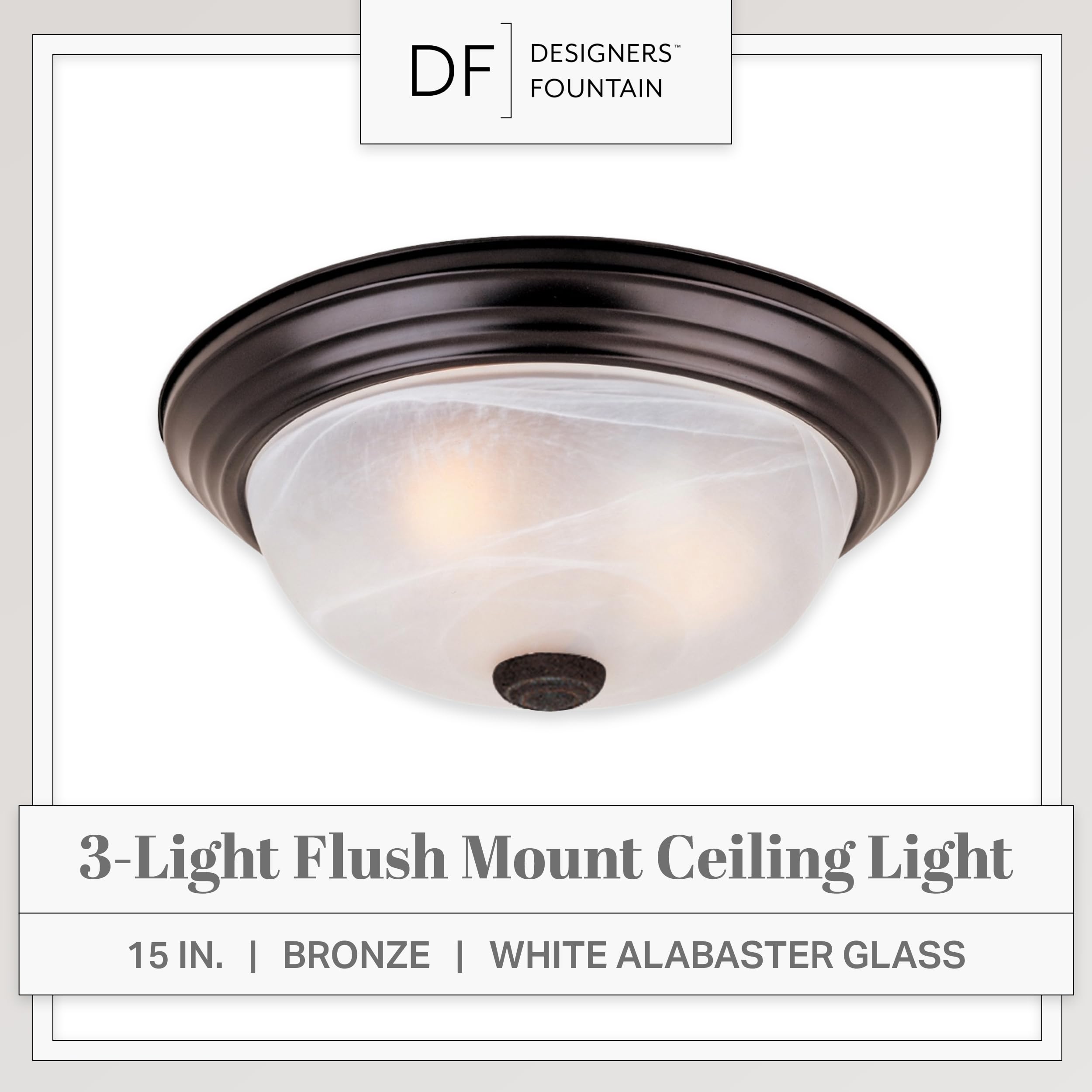Designers Fountain 3-Light Flush Mount Ceiling Light, 15 Inch Lighting Fixture For Kitchen, Bedroom, Bathroom, And Hallway, White Alabaster Glass, Oil Rubbed Bronze, 1257L-Orb-Al