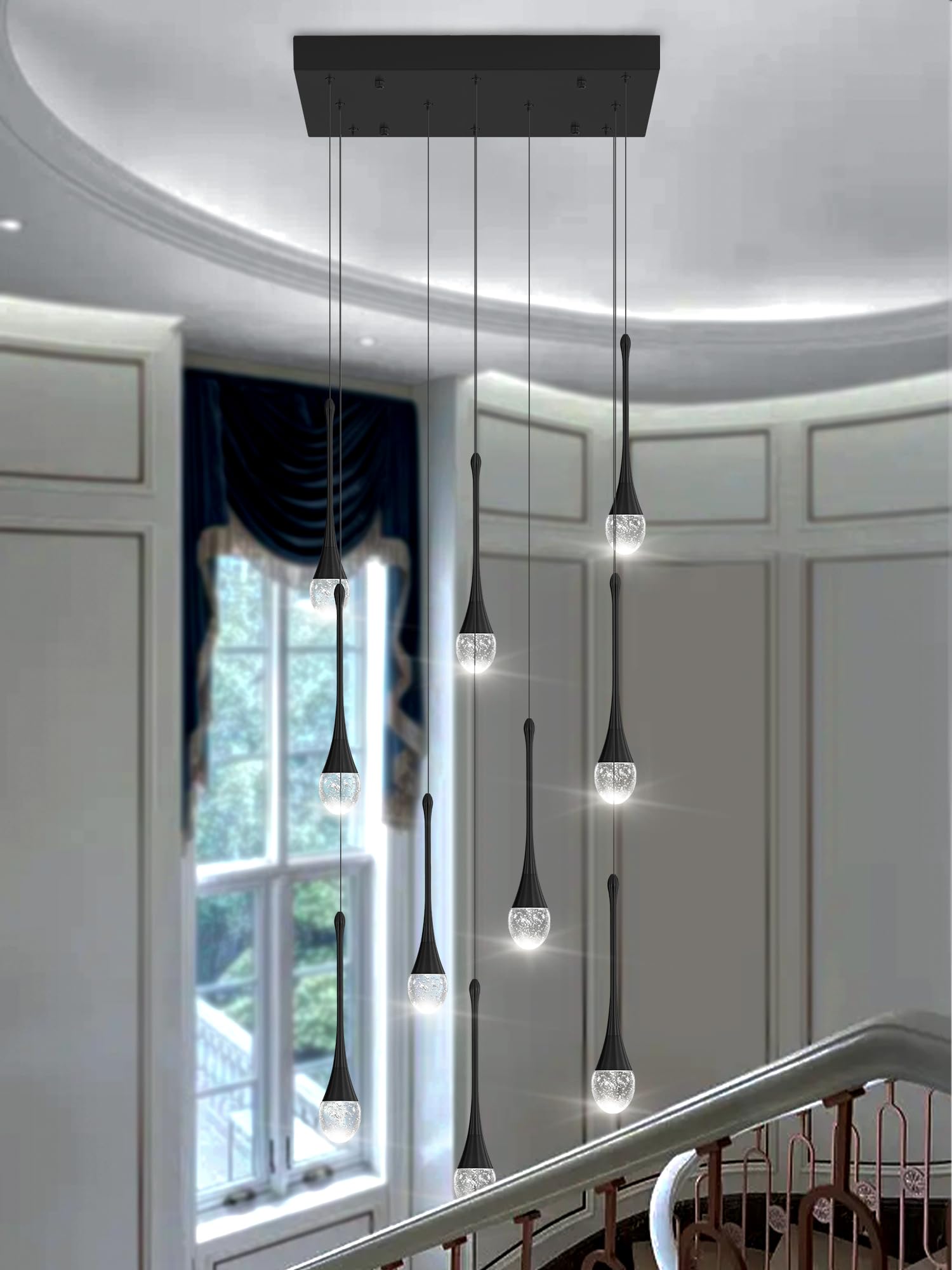 Ykolupty Rectangular Chandeliers For Living Room Black Dining Room Lights Fixture Raindrop Pendant Lights Kitchen Island Crystal