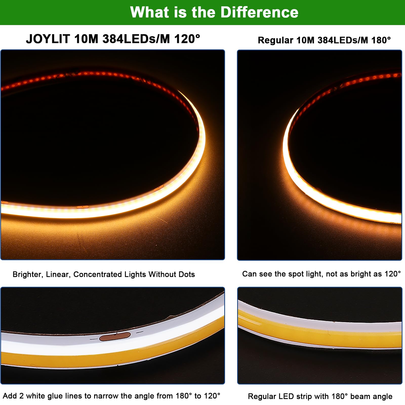 Joylit 24V 32.8Ft/10M Cob Led Strip Lights 120 2700K Warm White Indoor 384Leds/M High Density 7650Lm Super Bright Cri 90+ Dotles